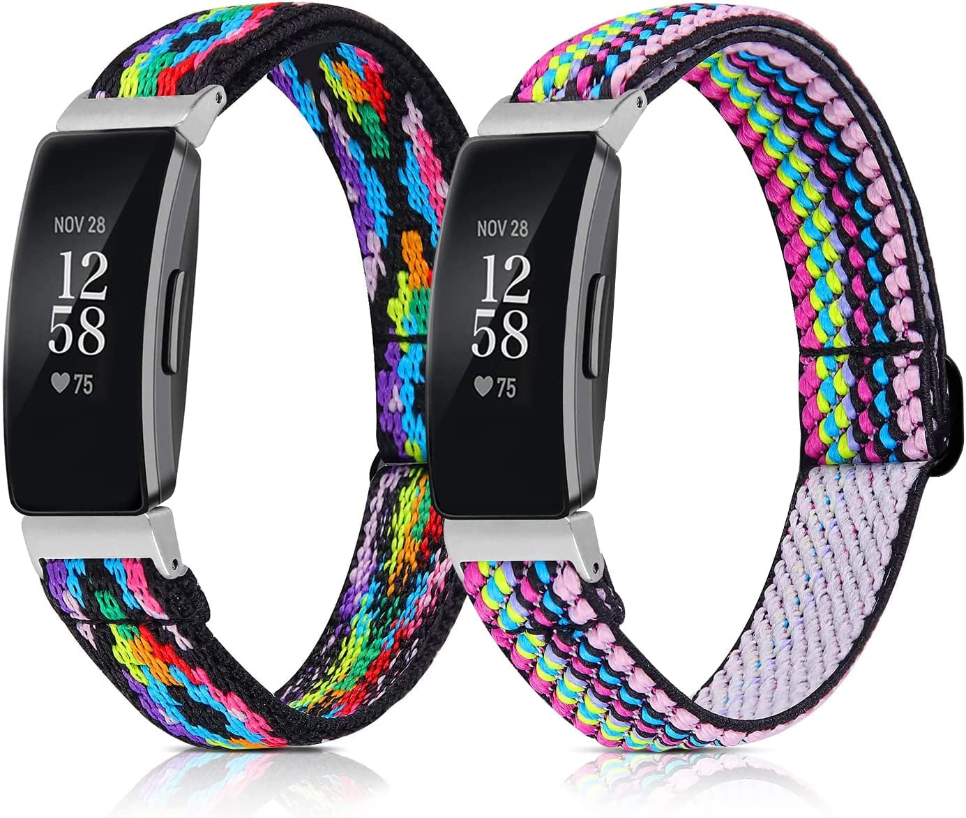 5 Pack Elastic Bands Compatible with Fitbit Inspire 2 / Inspire HR / Inspire / Ace 3 / Ace 2, Soft Loop Nylon Fabric Breathable Stretchy Replacement Straps Accessory Wristband for Women Men  POHNUI Colorful + Rhombus Flower  