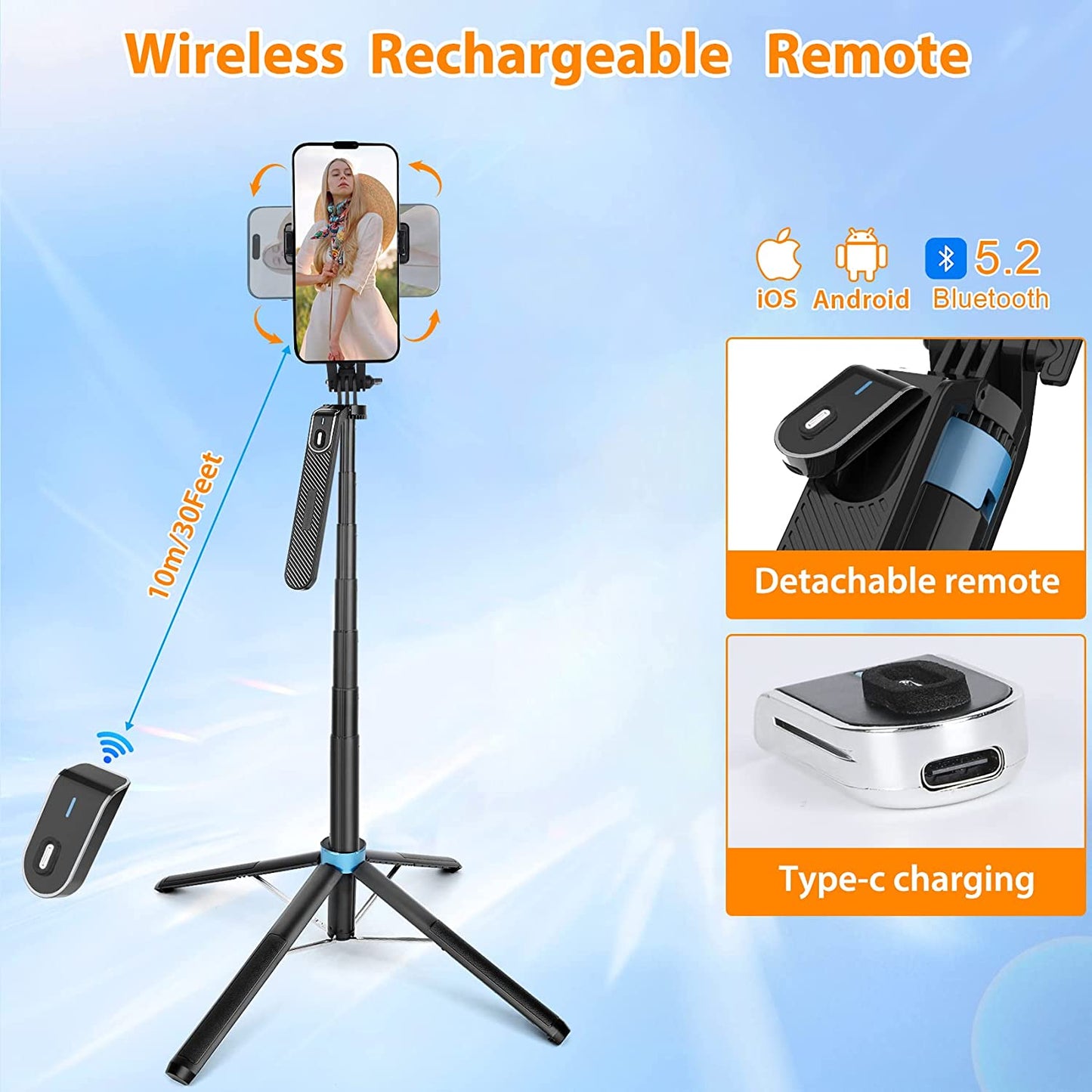 Eocean 71" Tall Selfie Stick Tripod Quadripod with Remote & Video Balance Handle, Aluminum Alloy Extendable Cell Phone Tripod Stand, Travel Tripod Phone Holder Compatible with Iphone/Android/Gopro  EOCEAN   