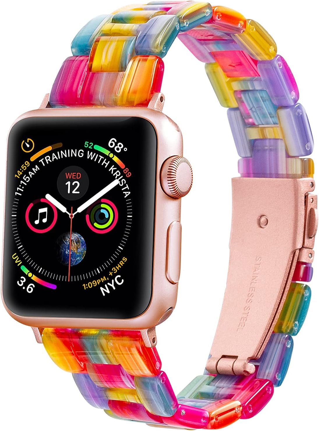 Sangaimei Light Fashion Resin Apple Watch Band with Stainless Steel Buckle Compatible Apple Watch Band 45Mm 44Mm 42Mm 41Mm 40Mm 38Mm Replacement Iwatch Series 8 7 6 5 4 3 2 1 SE for Women Starlight  SaNgaiMEi Rainbow 38mm/40mm/41mm 