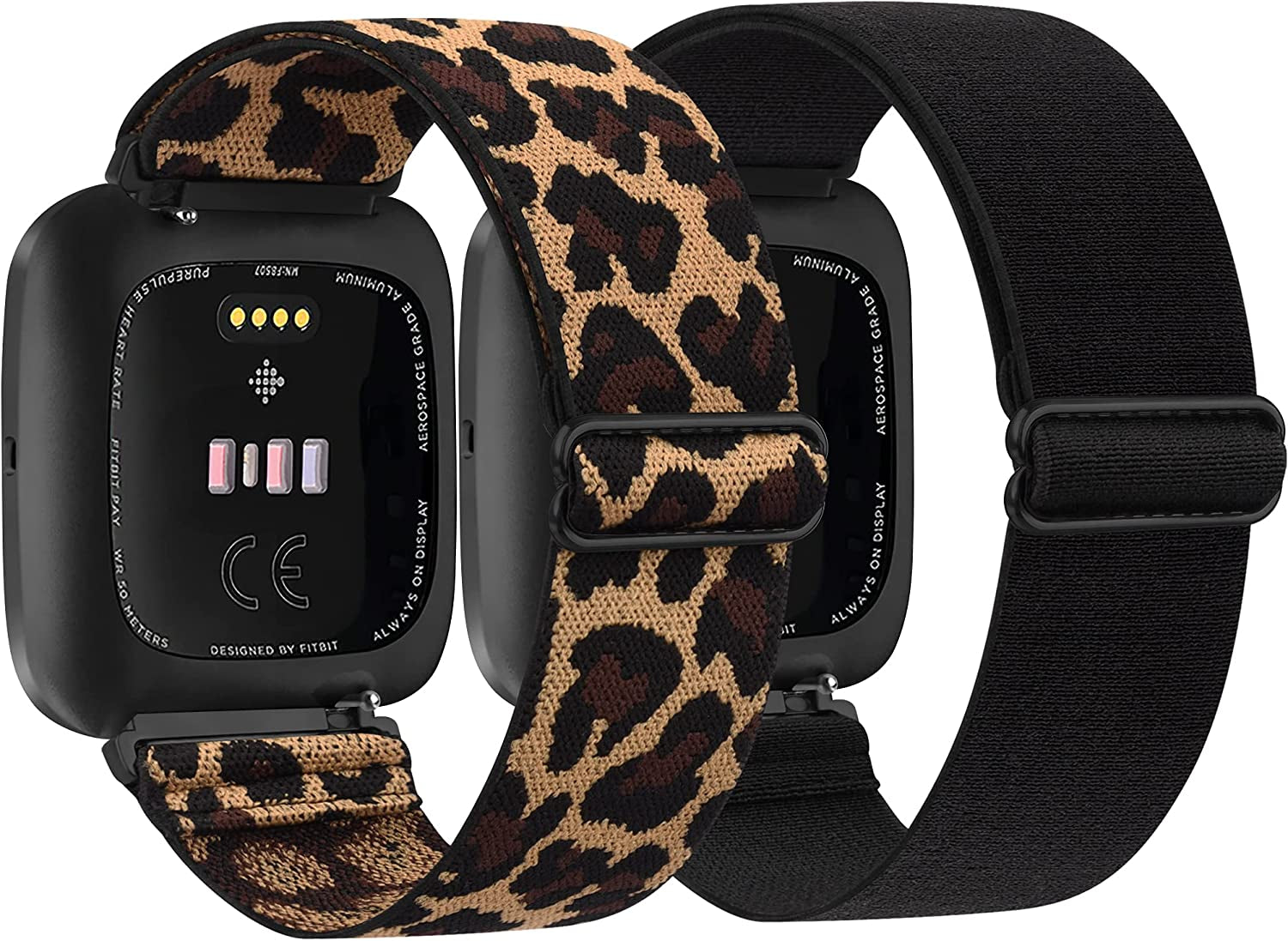 2 Pack Elastic Bands Compatible with Fitbit Versa 2 / Versa/Versa Lite/Versa SE for Women Men, Adjustable Nylon Sport Stretchy Wristband for Fitbit Versa/Versa 2 (Black+Leopard)  Meliya   