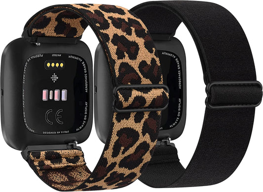 2 Pack Elastic Bands Compatible with Fitbit Versa 2 / Versa/Versa Lite/Versa SE for Women Men, Adjustable Nylon Sport Stretchy Wristband for Fitbit Versa/Versa 2 (Black+Leopard)  Meliya   
