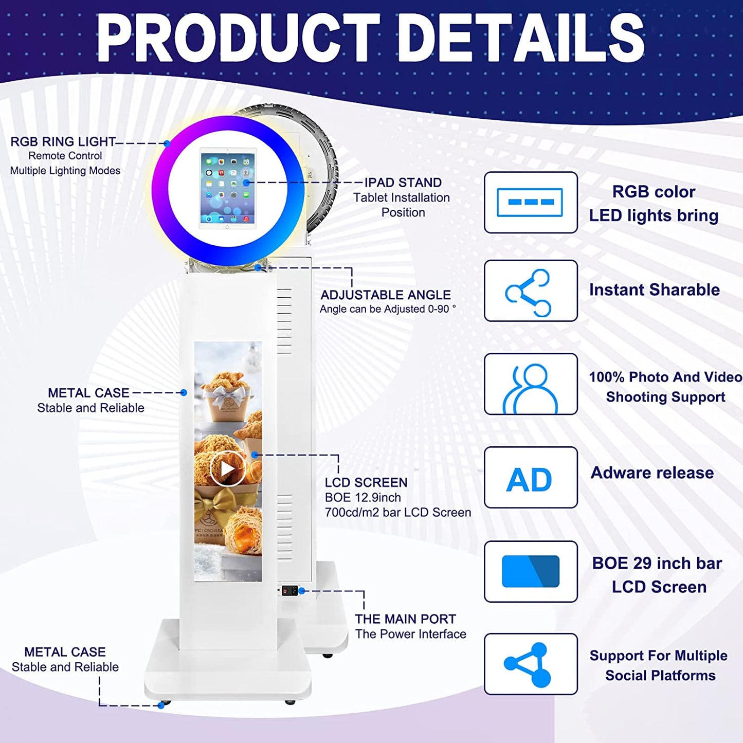 RXFSP Portable Photo Booth for 12.9" Ipad LCD Screen Selfie Machine Portable Metal Shell Adjustable Stand Photobooth Machine with RGB LED Ring Light for Wedding Halloween Christmas  RXFSP   