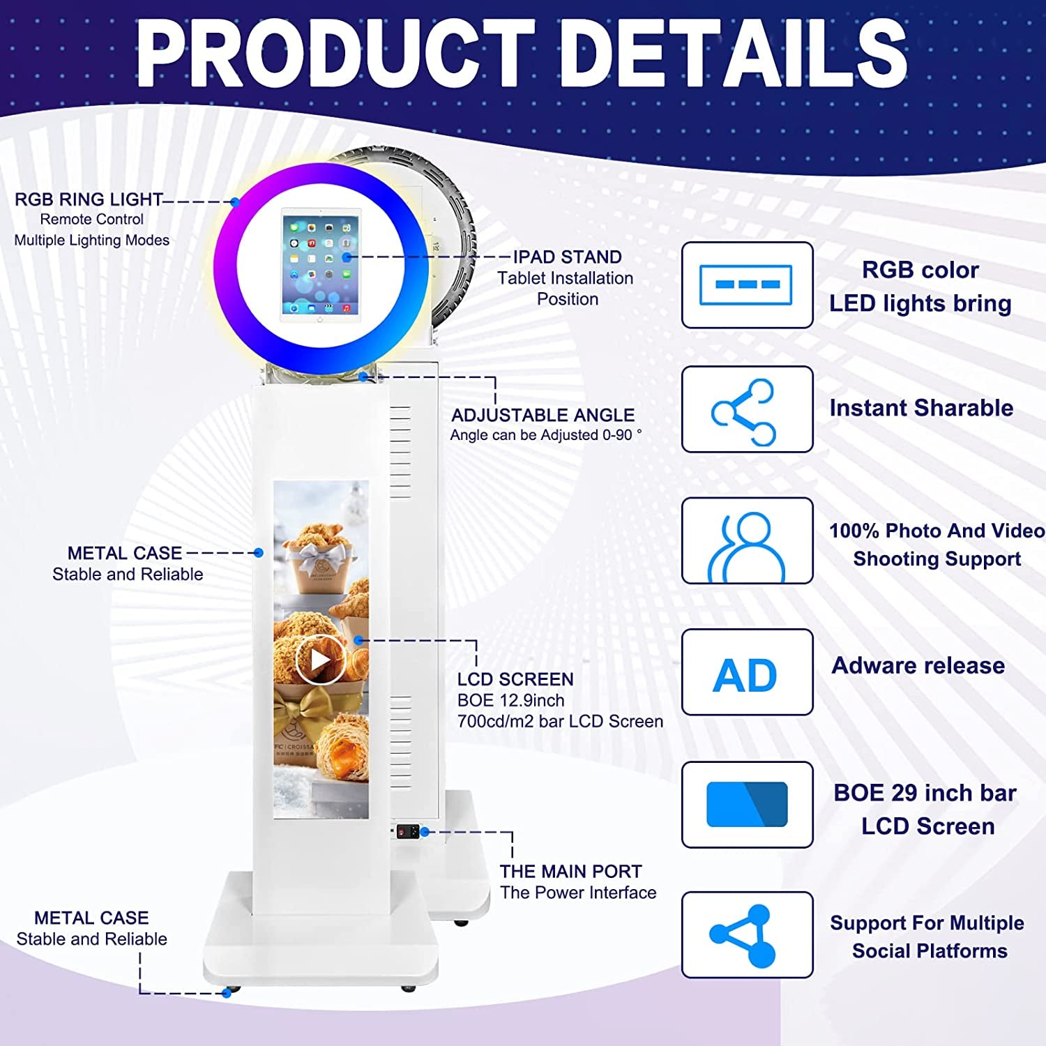 RXFSP Portable Photo Booth for 12.9" Ipad LCD Screen Selfie Machine Portable Metal Shell Adjustable Stand Photobooth Machine with RGB LED Ring Light for Wedding Halloween Christmas  RXFSP   