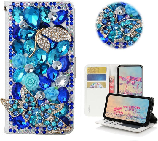 STENES LG G6 Case, LG G6 plus Case - STYLISH - 3D Handmade Bling Crystal Pretty Butterfly Flowers Wallet Credit Card Slots Fold Stand Leather Cover Case for LG G6/LG G6 plus - Blue  STENES   