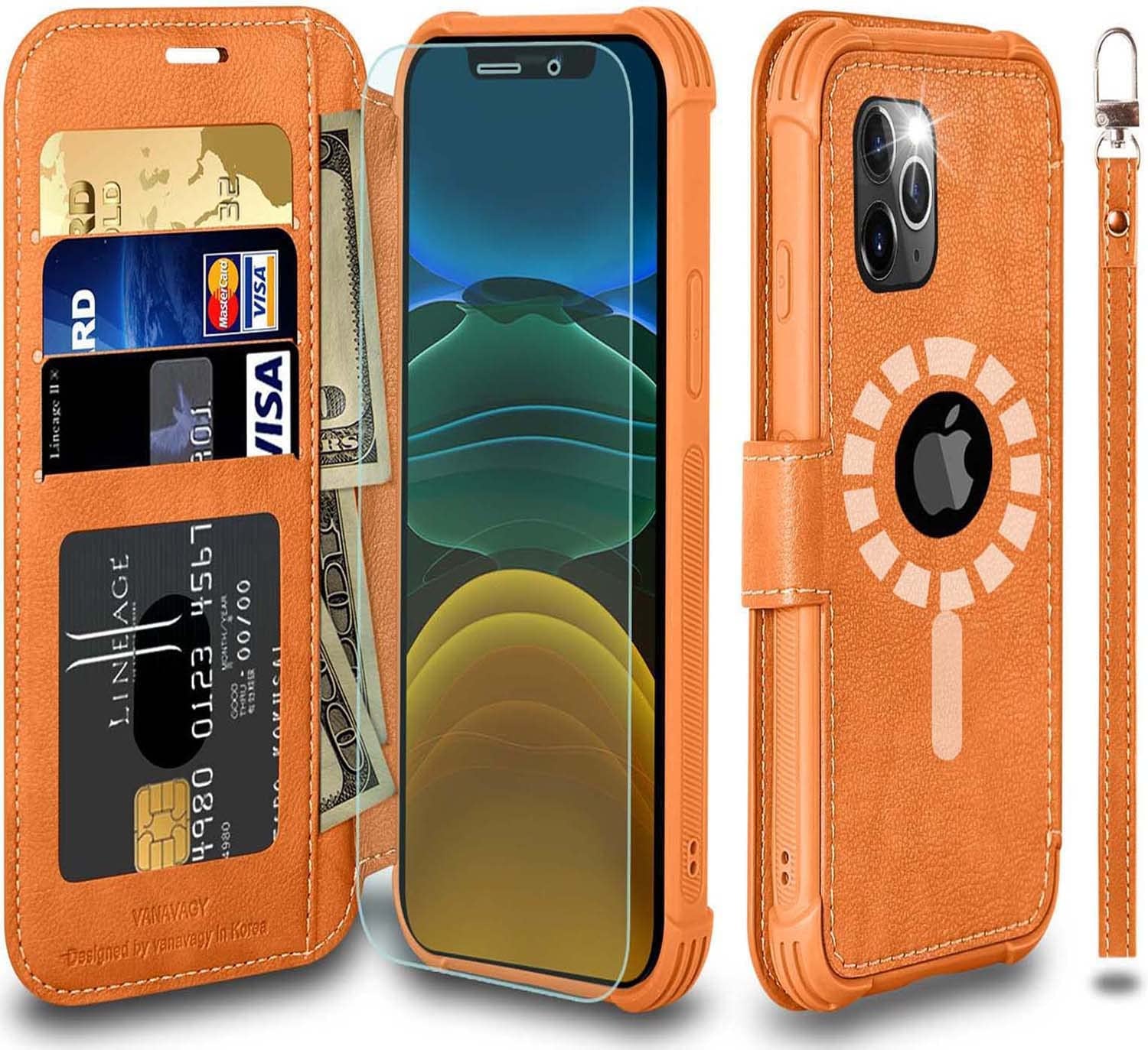 VANAVAGY Iphone 13 Pro Wallet Case Magsafe,Leather Flip Folio Phone Cover Supports Magsafe and Wireless Charging with RFID Block Card Holder and Wrist Strap,Rosegold  VANAVAGY Burnt Orange(Not for 13 Pro Max or iPhone 13)  