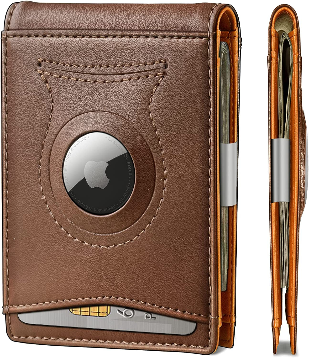 KEMISANT Mens Wallet for Airtag or Standard Use, Slim Front Pocket Wallet 11 Cards RFID Blocking,No Hole  KEMISANT Tawny2849 Airtag Wallet 