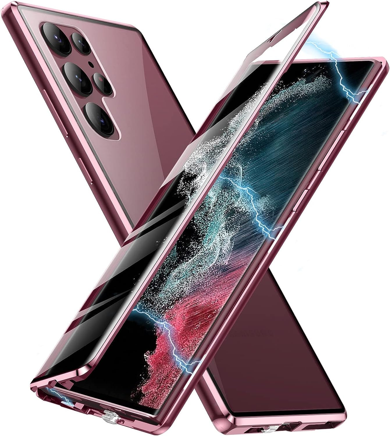 Jonwelsy Case for Samsung Galaxy S22 Ultra, 360 Degree Front and Back Clear Tempered Glass Full Body Protection Magnetic Adsorption Metal Bumper Frame Flip Cover for Samsung Galaxy S22 Ultra (Green)  Jonwelsy Burgundy  