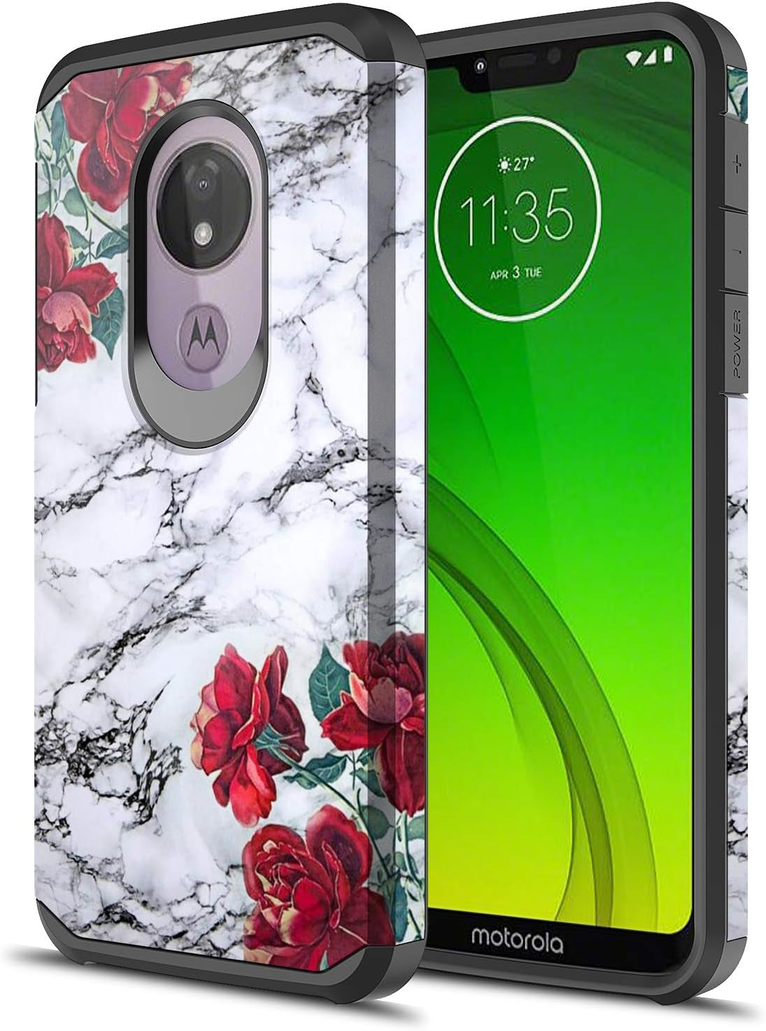 Sofer for Moto G7 Power Case, Moto G7 Supra Case, Hybrid Drop Protection Sleek Slim Dual Layer Shockproof Colorful Graphic Armor Case for LG Moto G7 Power/Supra (Galaxy Mandala)  Sofer Rose White Marble  