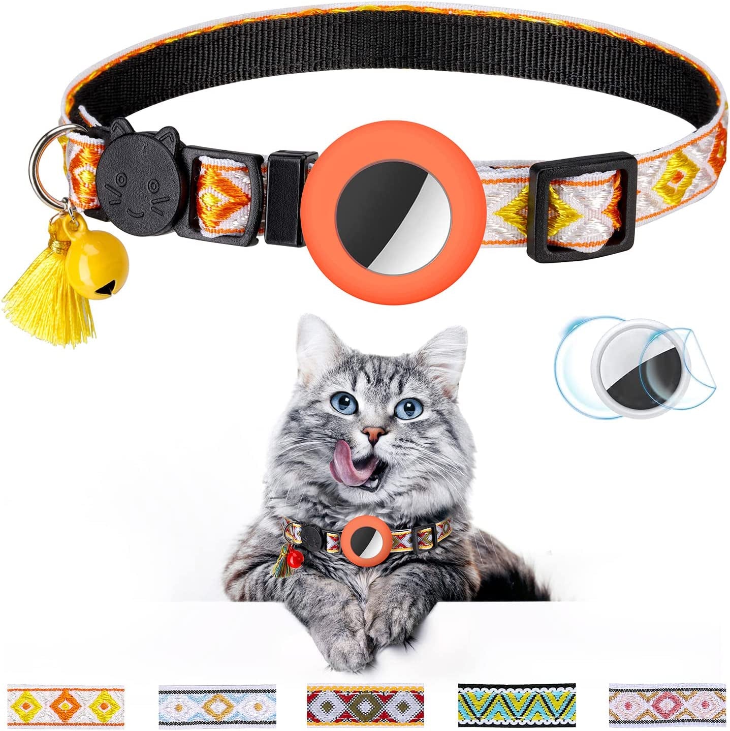 Airtag Cat Collar with Bell Adjustable Breakaway Kitten Collars:- Safety Buckle and Silicone Air Tag Holder Case Compatible with Apple Airtag Geometric Pattern Pet Collar (Pink)  OEBEESA orange  