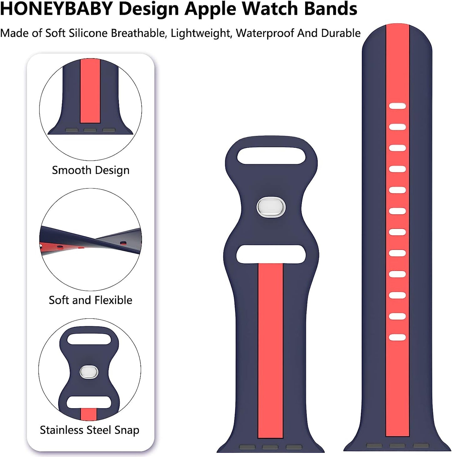 Designer Apple Watch Band 38Mm 40Mm 41Mm 42Mm 44Mm 45Mm for Women Men Silicone Sport Replacement Watch Bands Breathable Soft Strap Wristband for Iwatch Series SE 7 6 5 4 3 2 1  HONEYBABY   