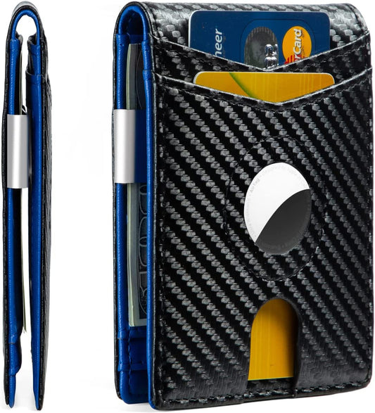 Huztencor Airtag Wallet, Mens Slim Wallet with Money Clip RFID Blocking Bifold Credit Card Holder Case for Apple Air Tag Carbon Fiber Black and Blue  Huztencor   