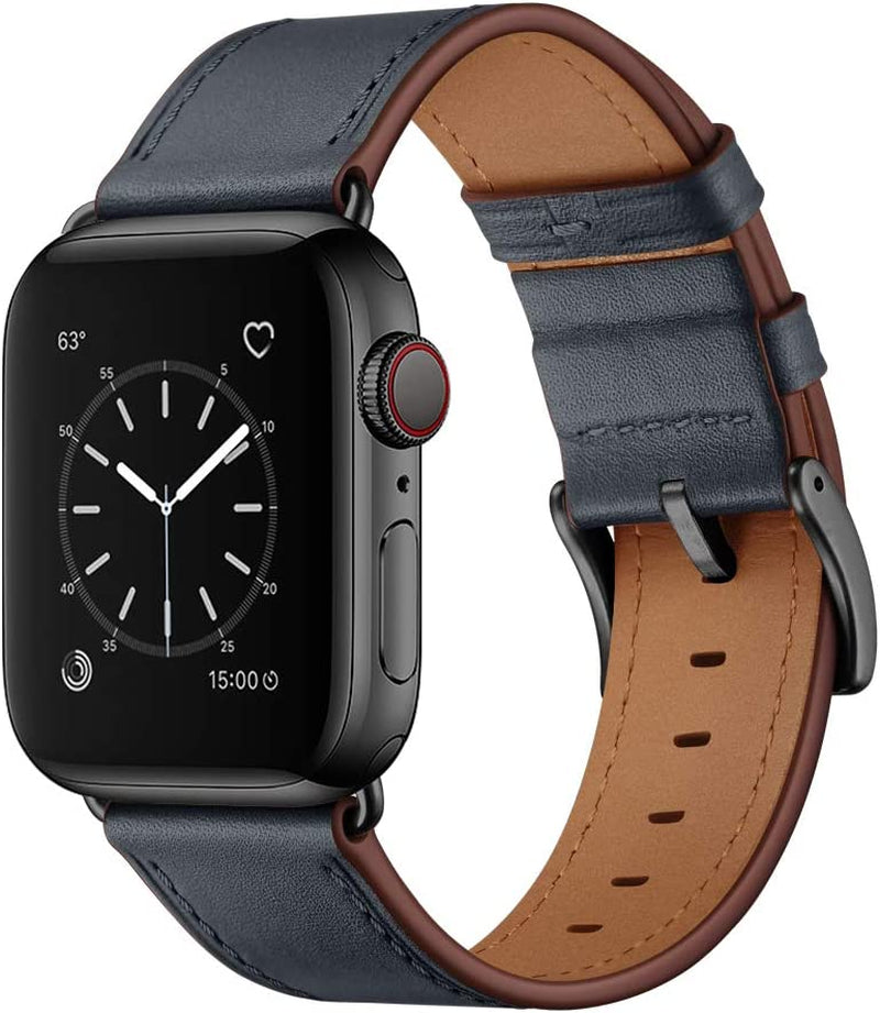 OUHENG Compatible with Apple Watch 49Mm 45Mm 44Mm 42Mm, Genuine Leather Band Replacement Strap Compatible with Apple Watch Ultra Series 8/7/6/5/4/3/2/1/SE2/SE, Black Band with Black Adapter  OUHENG Dark Gray/Black 49mm/45mm/44mm/42mm 