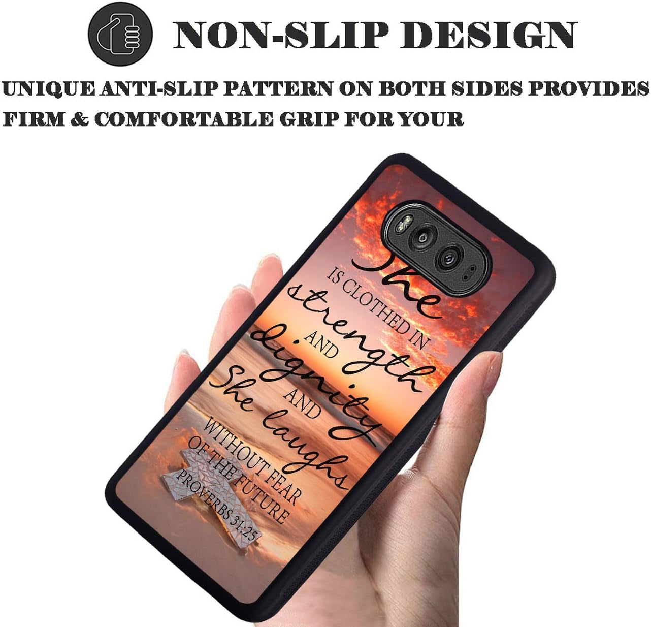 Case for LG V30, Sunset Beach Cross Bible Verse Proverbs 31:25 Design Slim Impact Resistant Shock-Absorption Rubber Protective Case Cover for LG V30/LG V30 Plus/Lg V30S/Lg V35/LG V35 Thinq  Log Zog   