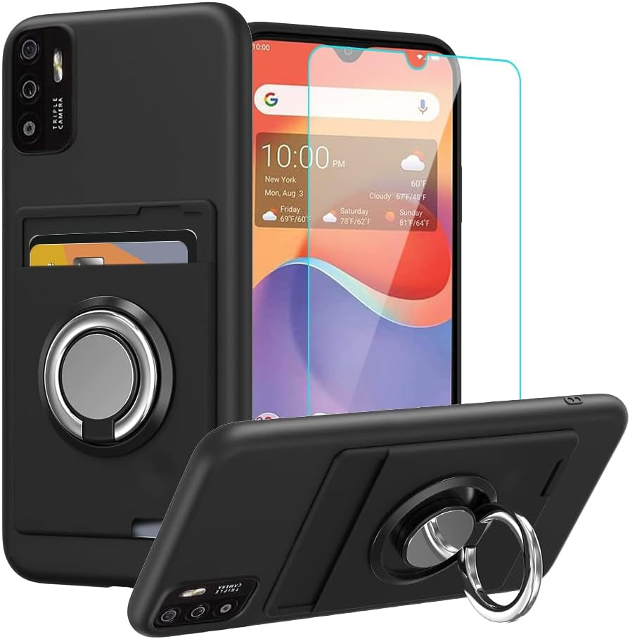 Anneey for Oneplus 11 5G Phone Case with Tempered Glass Screen Protector, Card Holder with Ring Stand Case for 1+ 11 5G Cover - Black  Anneey Zte Zmax 11 Z6251  