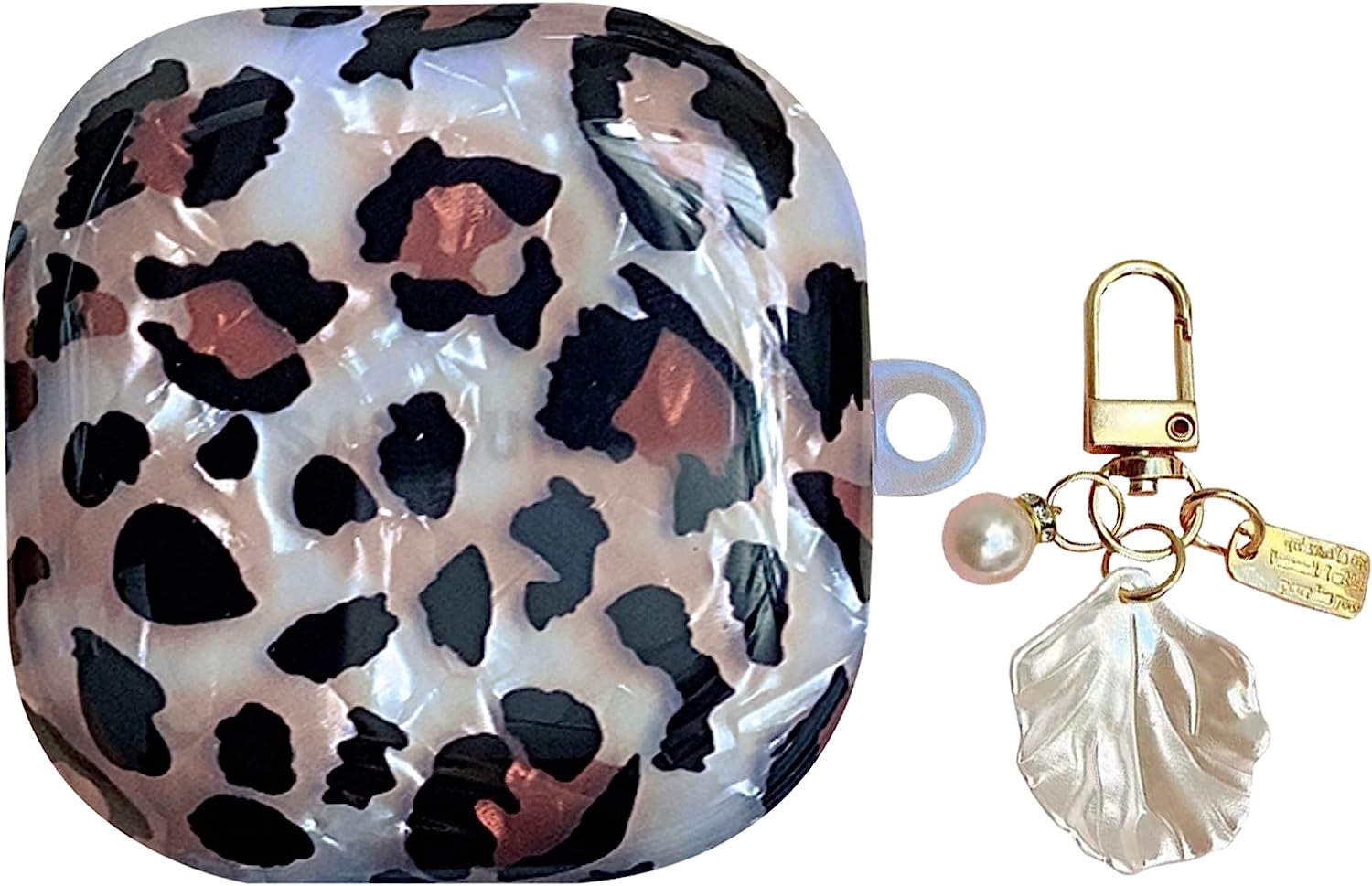 HENJI Case for Samsung Galaxy Buds 2 Case (2021) / Galaxy Buds Pro Case (2021) / Galaxy Buds Live Case (2020), Full Protective Pearl Shell Cover with Pearl Keychain for Women Girl (Leopard Grain B)  HENJI Leopard Grain W  