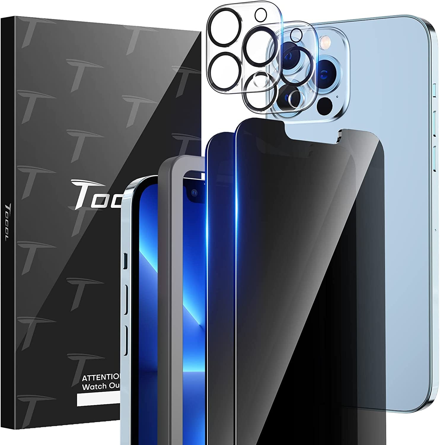TOCOL [2+2 Pack Compatible for Iphone 13 Mini 5.4'' - 2 Pack Privacy Tempered Glass Screen Protector & 2 Pack Camera Lens Protector, Bubble Free, Case Friendly, Installation Frame, [Anti-Spy]  TOCOL   