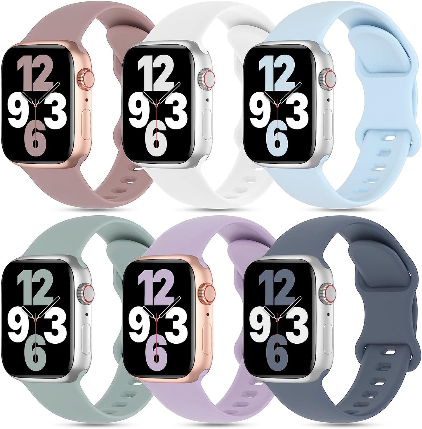 6 Pack Silicone Bands Compatible with Apple Watch Band 38Mm 40Mm 41Mm 42Mm 44Mm 45Mm 49Mm, Soft Sport Waterproof Strap Replacement Wristband for Iwatch Ultra Series 8 SE 7 6 5 4 3 2 1 Women Men  Slimband Smoke Violet/White/Fog Blue/Succulent/Lavender/Blue Grey 42mm/44mm/45mm/49mm 