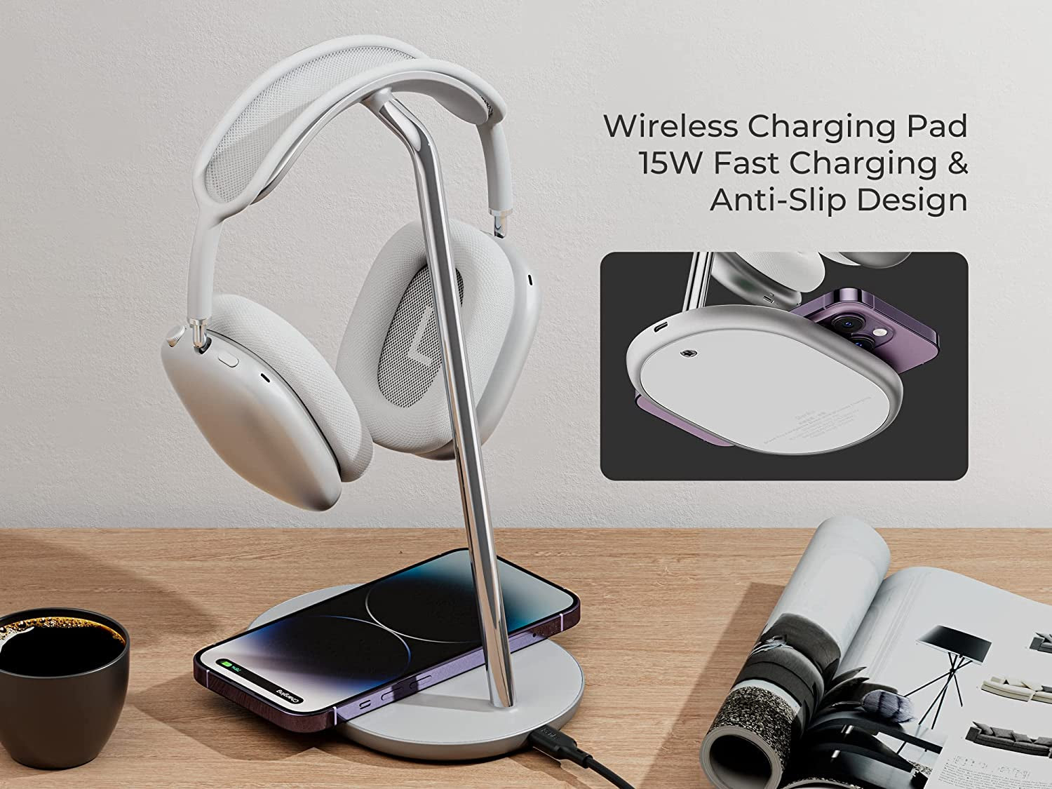 BENKS Airpods Max Stand with Wireless Charging Pad for Iphone,Android Phone,Airpods,Headphone Stand for Desk,Headphone Holder,Universal Gaming Headset Stand Compatible with Airpods Max,Beats,Bose  BENKS   