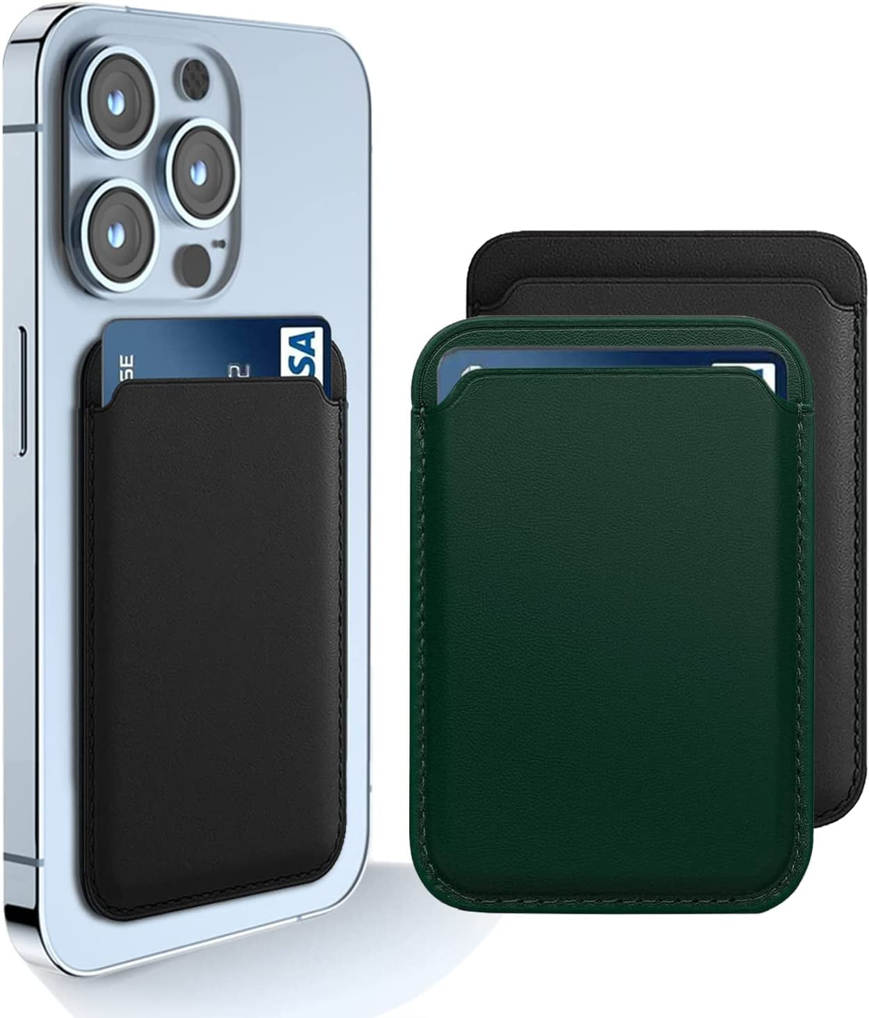 [2 Pack] Magnetic Card Holder Wallet for Iphone 14/13/12 Series with Magsafe, Leather Wallet for Iphone 14 Pro/Pro Max/Plus/14, Mag-Safe Wallet for Iphone 13 Pro/Pro Max/Mini/13/12 Series, Black Blue  iLodn BlackGreen  