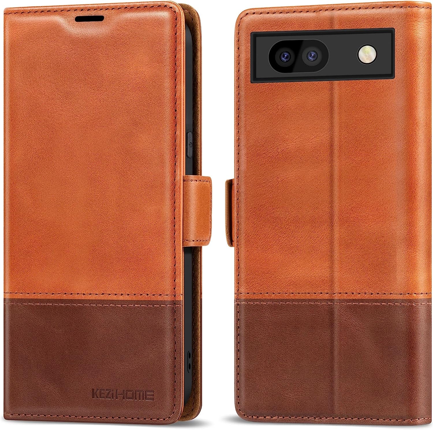 Kezihome Case for Google Pixel 7A, Genuine Leather Wallet Case with Card Holder [RFID Blocking] Kickstand Flip Protective Heavy Duty Phone Cover for Google Pixel 7A 5G 2023 (Red/Brown)  KEZiHOME Khaki/Brown Google Pixel 7A 