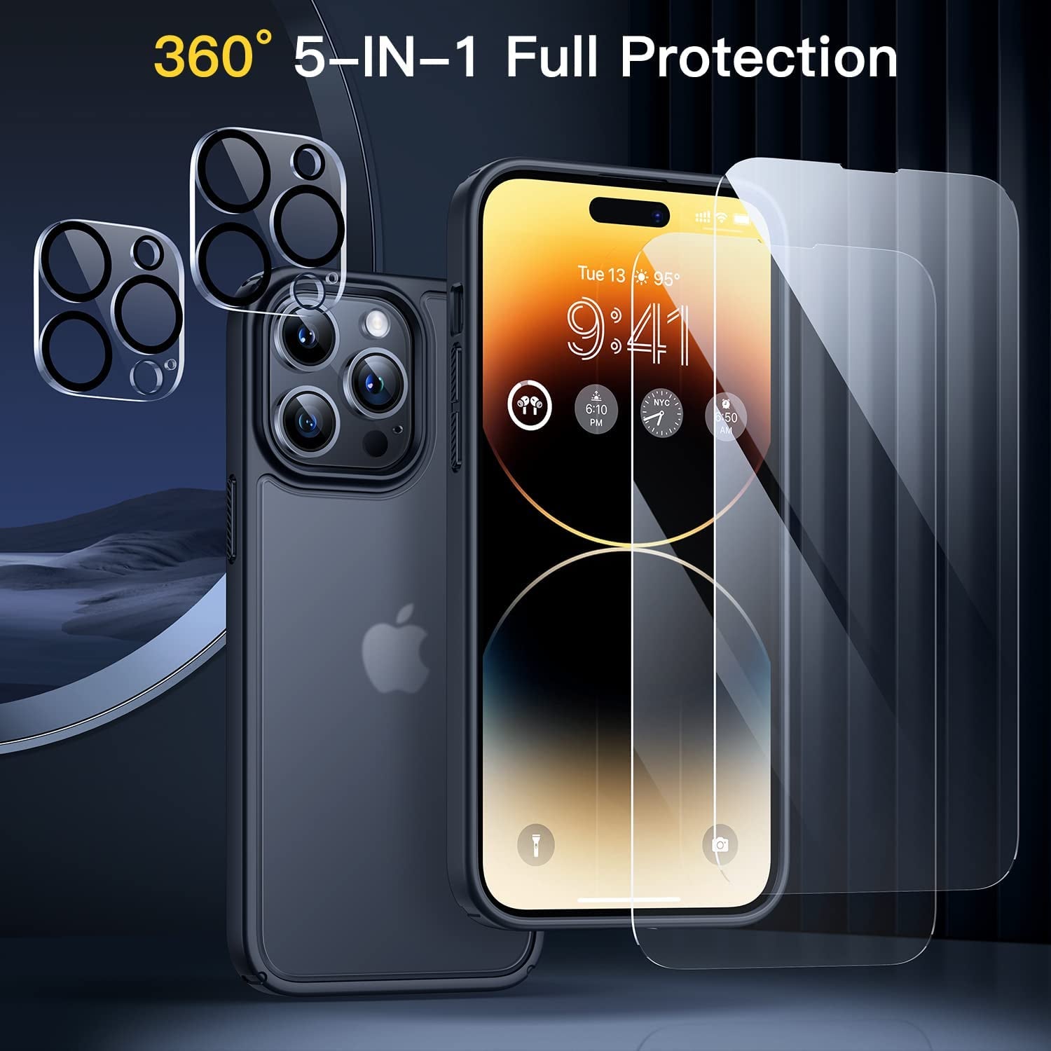 Humixx [5-In-1] Designed for Iphone 14 Pro Case, [10FT Military Shockproof] Slim&Sleek Protective Translucent Matte 2X Tempered Screen Protector + 2X 9H Lens Protector Case for Iphone 14 Pro, Black  Humixx   