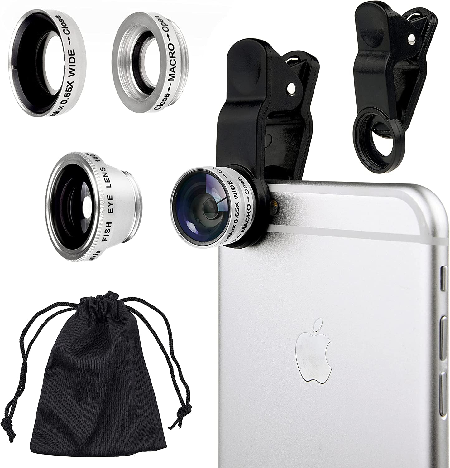 Universal 3 in 1 Cell Phone Camera Lens Kit for Smartphones Including - Fish Eye Lens / 2 in 1 Macro Lens & Wide Angle Lens/Universal Clip/Carry Pouch/Microfiber Cleaning Cloth  CamKix silver  