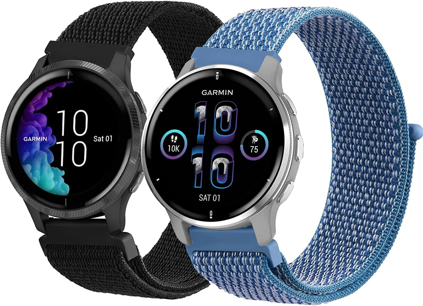 2 Pack Bands for Garmin Venu / Venu 2 plus / Venu Sq Watch Band Women Men, Soft Nylon Adjustable Replacement Wristband Strap for Garmin Vivomove Sport, Vivoactive 3 / 3 Music, Forerunner 645 / 245 Music Smart Watch  Wanme Black+Cape Blue  