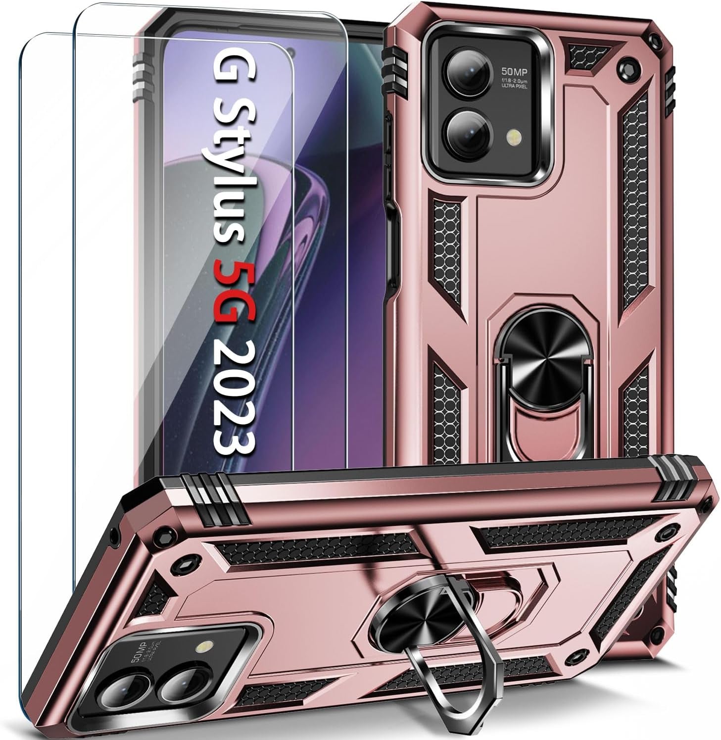 𝟮𝟬𝟮𝟯 𝗡𝗘𝗪 for Moto G Stylus 5G 2023 Case with [2 Packs] Tempered Glass Screen Protector,[Military-Grade] Rugged Full Body Shockproof Case with Kickstand for Motorola Moto G Stylus 5G 2023,Purple  Pevezeda Rose Gold  