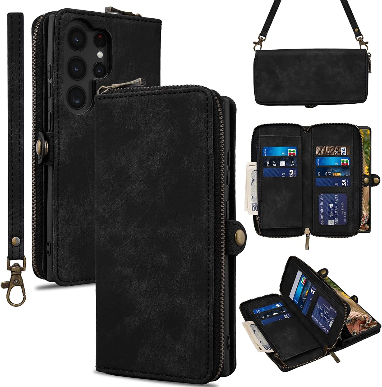 Rssviss for Iphone 12/12 Pro Case Wallet Cover for Women Men, 《RFID Blocking》《Magsafe》Credit Card Holder Leather Strap Zipper Wristlet Iphone 12 Pro Case with Magnetic Shockproof 6.1" Vintage Pink  Rssviss Black 6.8 inch Samsung Galaxy S23 Ultra 5G 