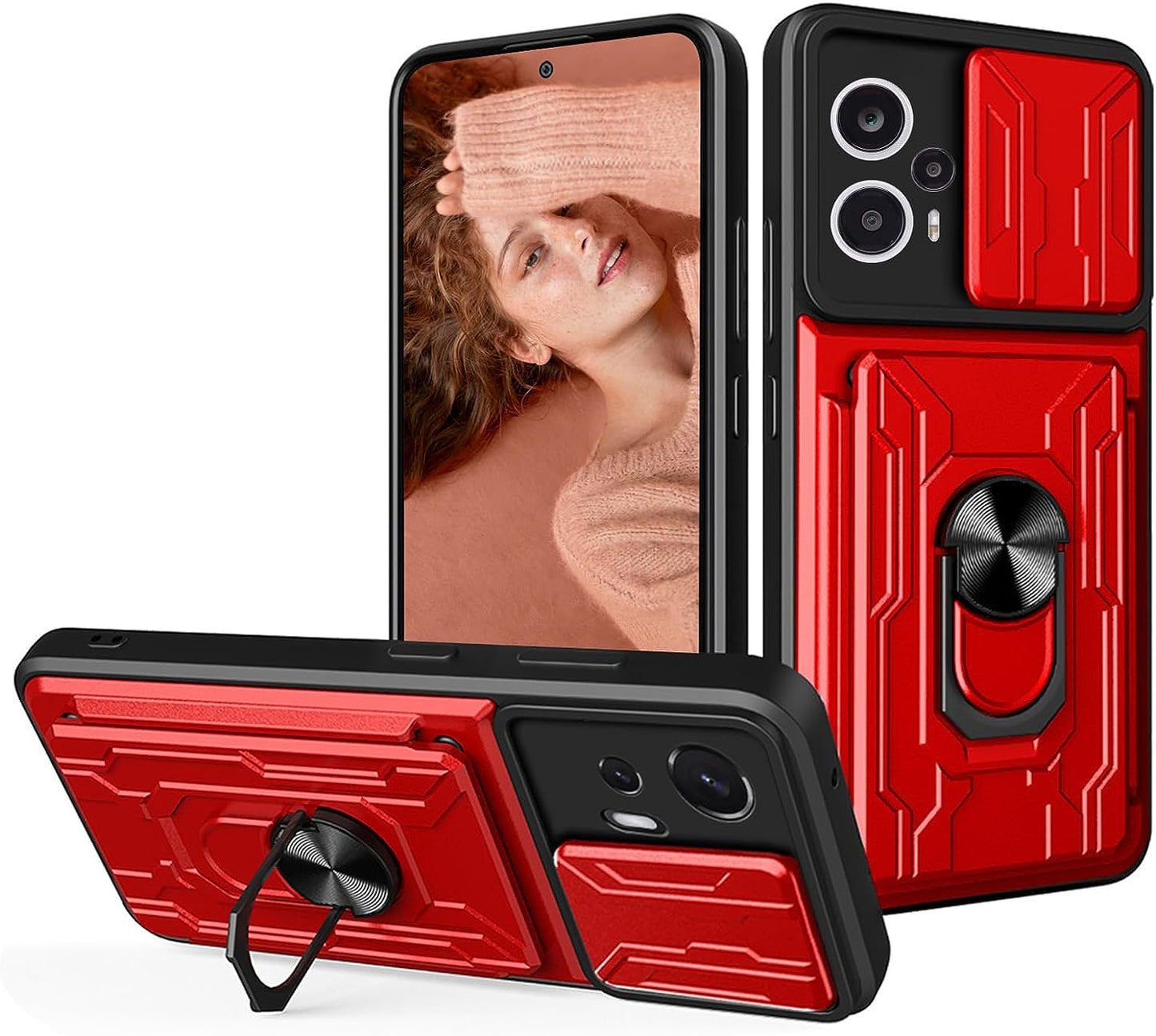 Tncavo for Xiaomi Poco F5 Case with Card Holder, Military Grade Shockproof Heavy Duty Protective with Rotating Ring Kickstand & Camera Cover for Xiaomi Redmi Note 12 Turbo LJ Black  Tncavo Red Full 