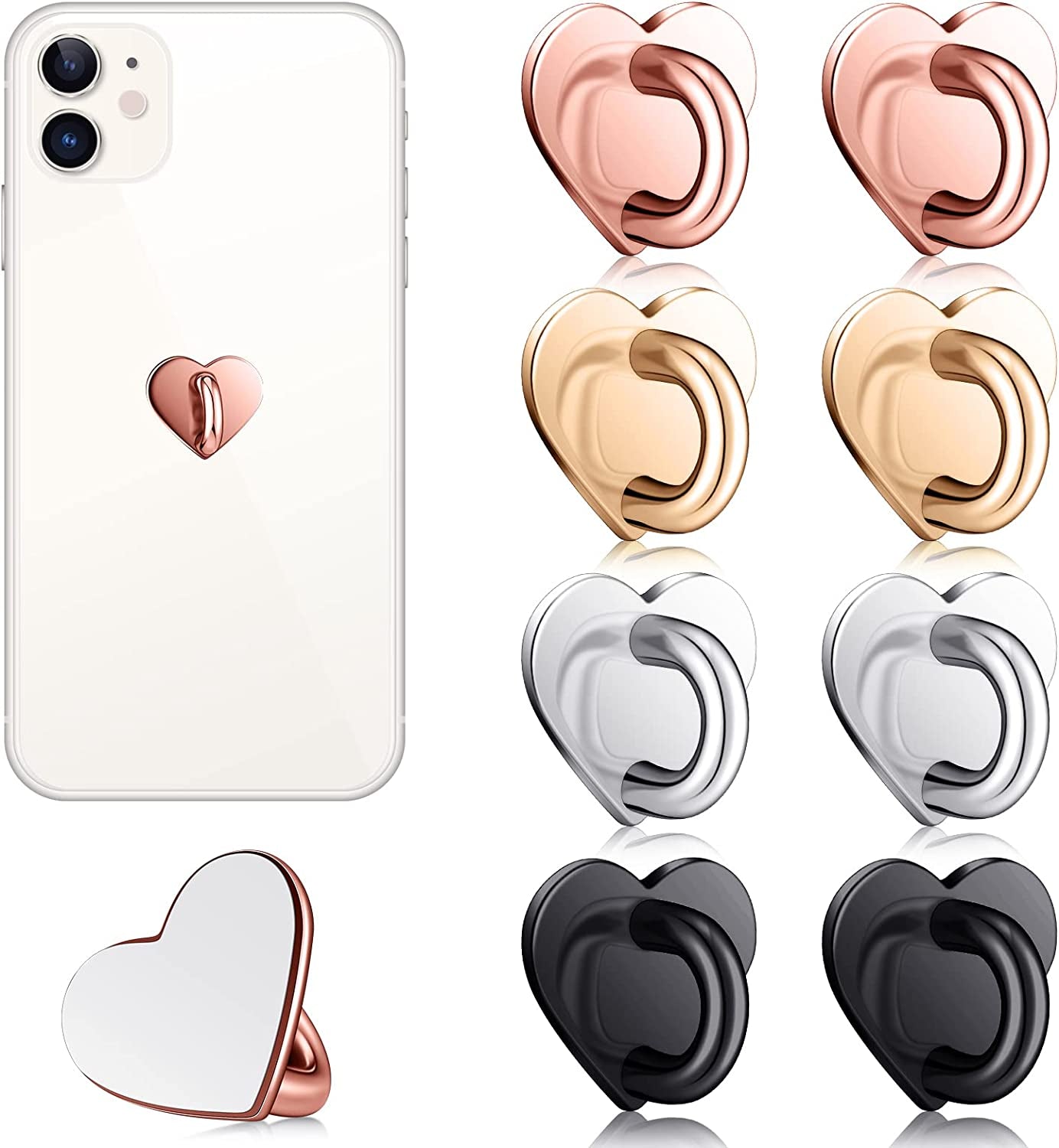 8 Pcs Cell Phone Finger Ring Adhesive Metal Phone Finger Grip Loop Stand Heart Grip Holder Phone Charm Hook for DIY Hanging Supplies (Gold, Silver, Rose Gold, Black)  Moxweyeni   