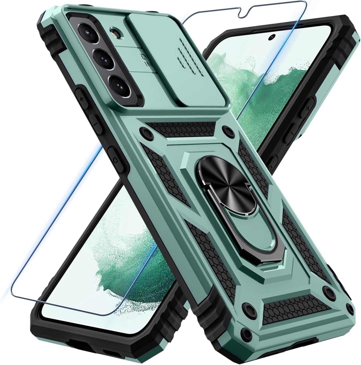 Samsung Galaxy S22 Case with Screen Protector Tempered Glass [Not for S22+] ,Heavy Duty Shockproof Full Body Phone Cover[Dual Layer][Hard PC Back],Built in Finger Ring Stable Kickstand,2022 Black  Janmitta B-Dark Green  