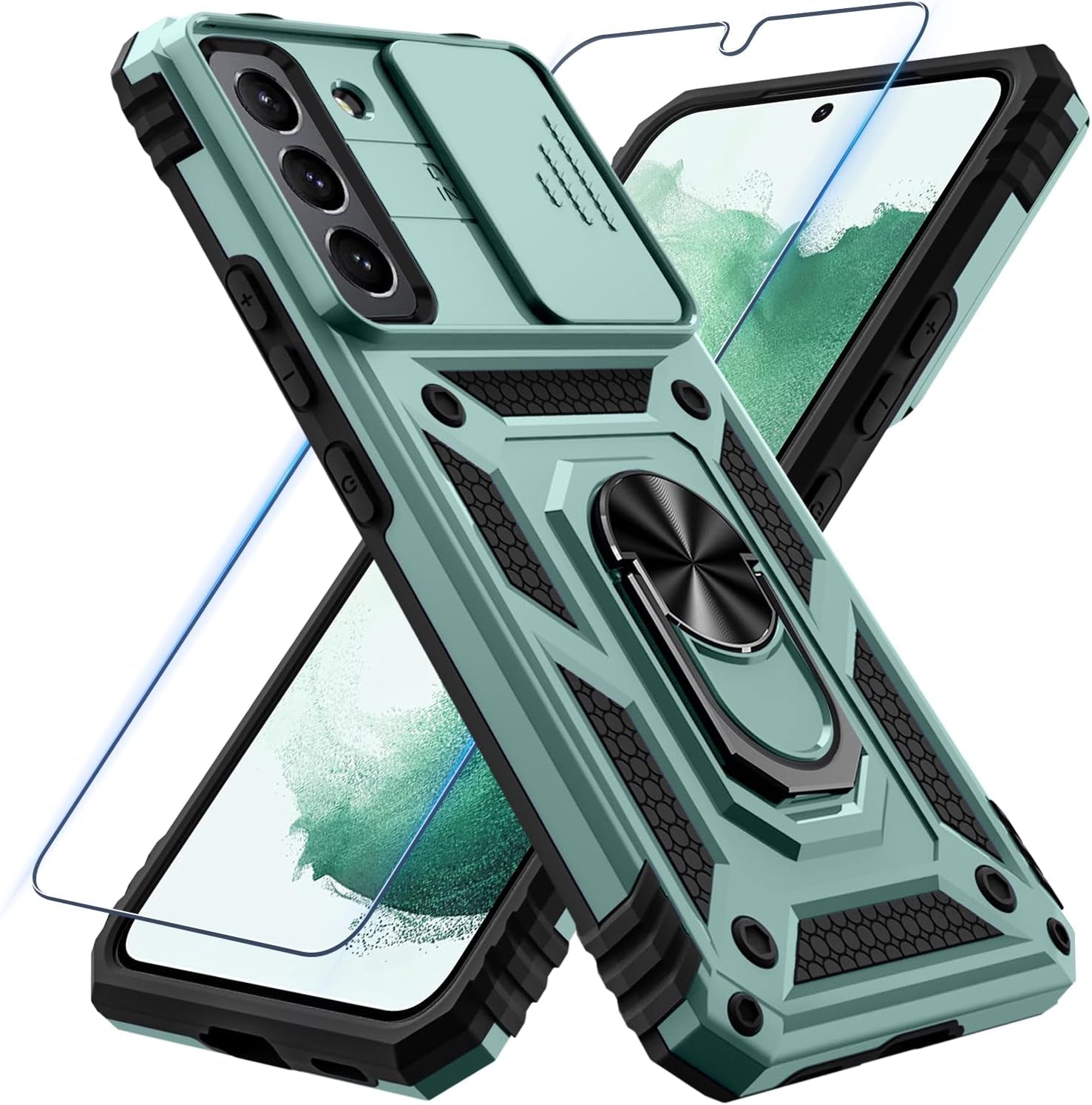 Samsung Galaxy S22 Case with Screen Protector Tempered Glass [Not for S22+] ,Heavy Duty Shockproof Full Body Phone Cover[Dual Layer][Hard PC Back],Built in Finger Ring Stable Kickstand,2022 Black  Janmitta B-Dark Green  