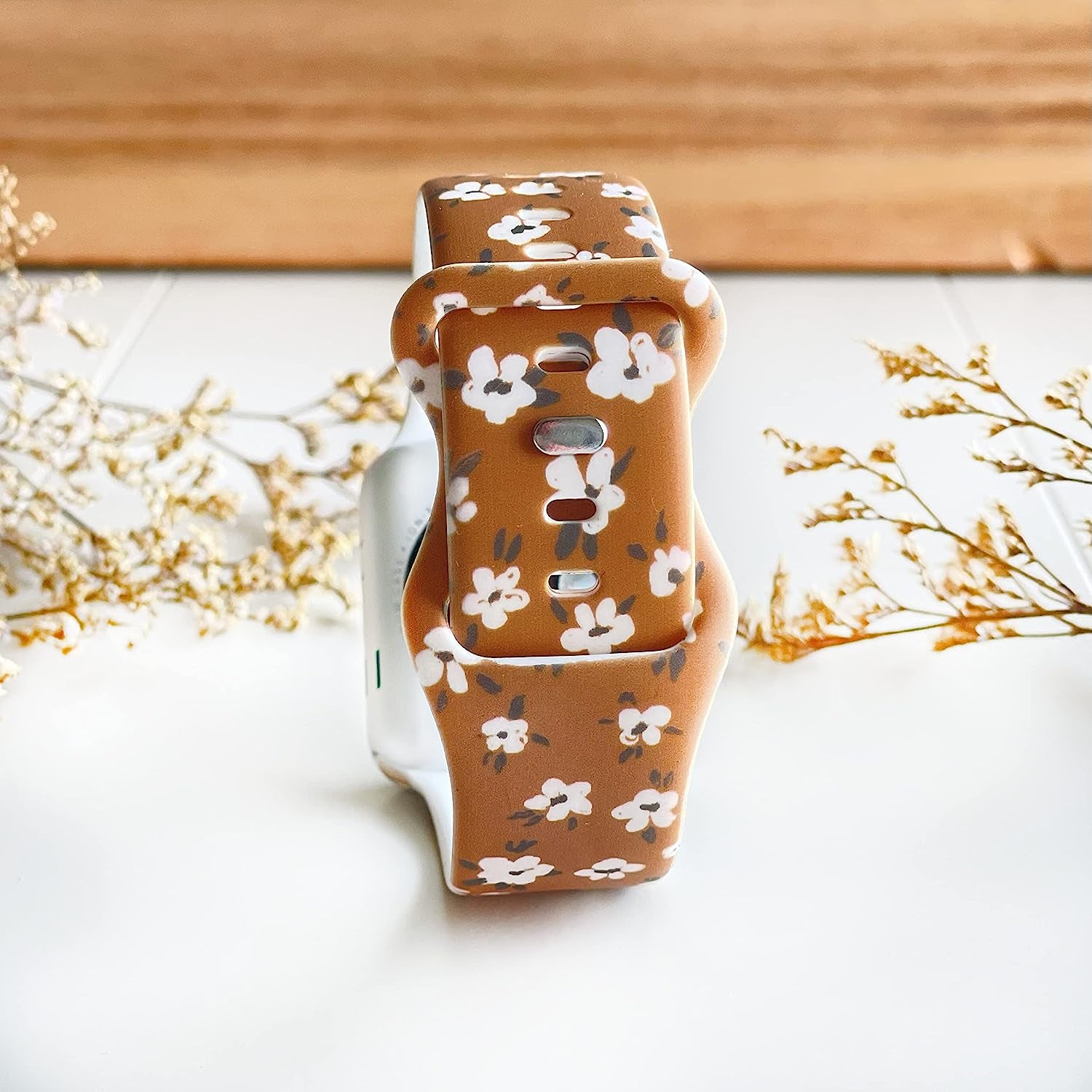 Boho White Flowers Brown Unisex Waterproof Soft Silicone Sport Band Compatible with Apple Watch Ultra and Series 8 7 6 5 4 3 2 1 SE, Model 38Mm 40Mm 41Mm 42Mm 44Mm 45Mm 49Mm, for Men and Women  Tweedle Dee Designs   