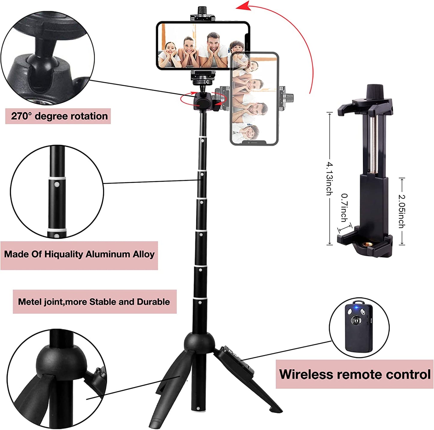 Portable 40 Inch Aluminum Alloy Selfie Stick Phone Tripod with Wireless Remote Shutter Compatible with 14 13 12 11 Pro Max Xr X 8 7 6 Plus, Android Smartphone  bluehorn   