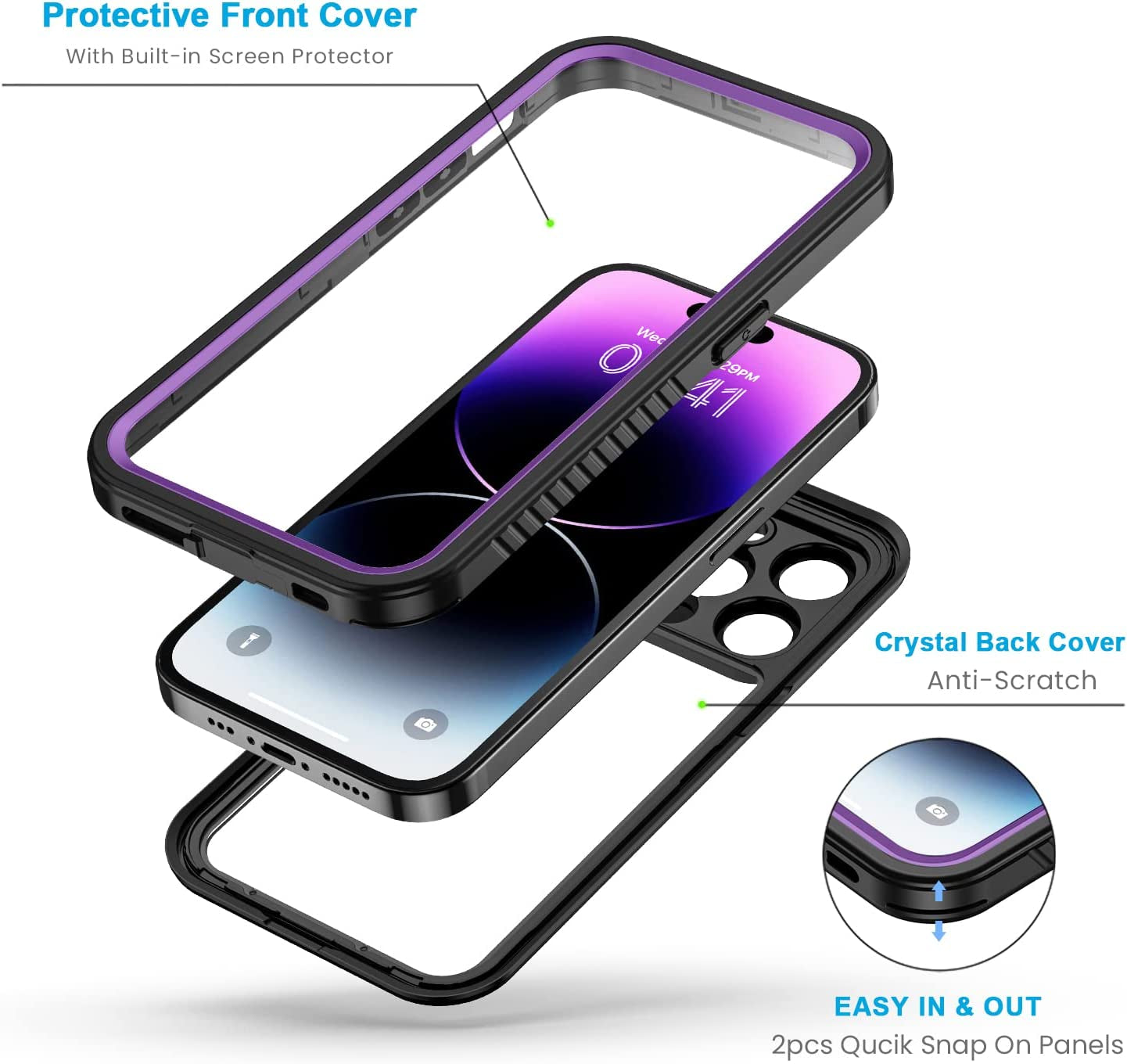 Lanhiem Iphone 14 Pro Case, IP68 Waterproof Dustproof Shockproof with Built-In Screen Protector, 6.1 Inch - Purple  Lanhiem   