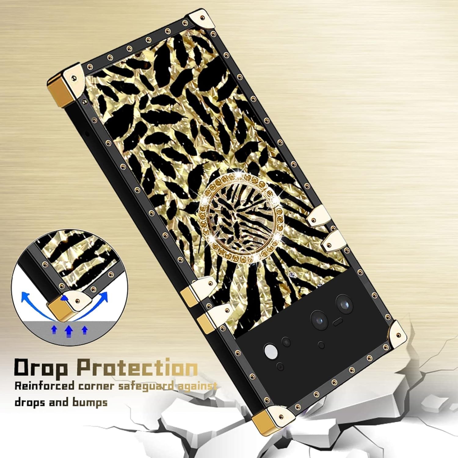 Designed for Google Pixel 6 Phone Case Luxury Square Case Drop Shockproof Protection Cover Elegant Cute Shining Retro Golden Glitter Leopard Cheetah Case for Google Pixel 6 - Leopard  Easyscen   