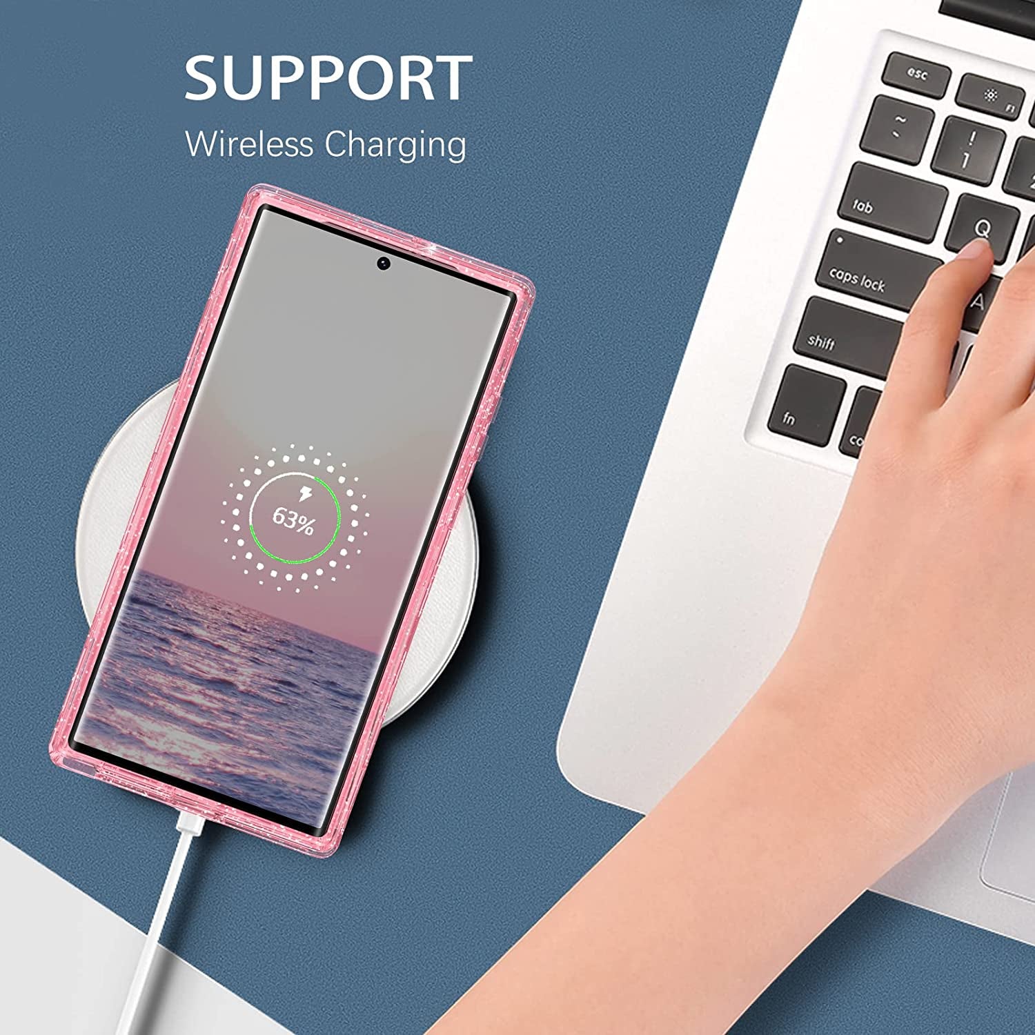 DUEDUE for Samsung Galaxy S22 Ultra 6.8" 5G Case Glitter Full Body Protective 3 in 1 Heavy Duty Hybrid Hard PC Rugged Shockproof Women Transparent Bling Sparkle Cover for Samsung S22 Ultra, Pink Clear  DUEDUE   