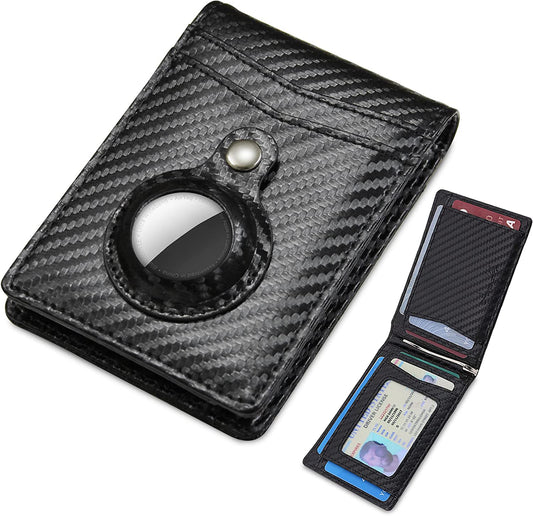 Anner Lily Airtag Holder Wallet with Money Clip - Credit Card Holder Wallet for Men Slim Minimalist Bifold RFID Blocking Leather Smart Air Tag Wallet (Carbon Black)  Anner Lily   