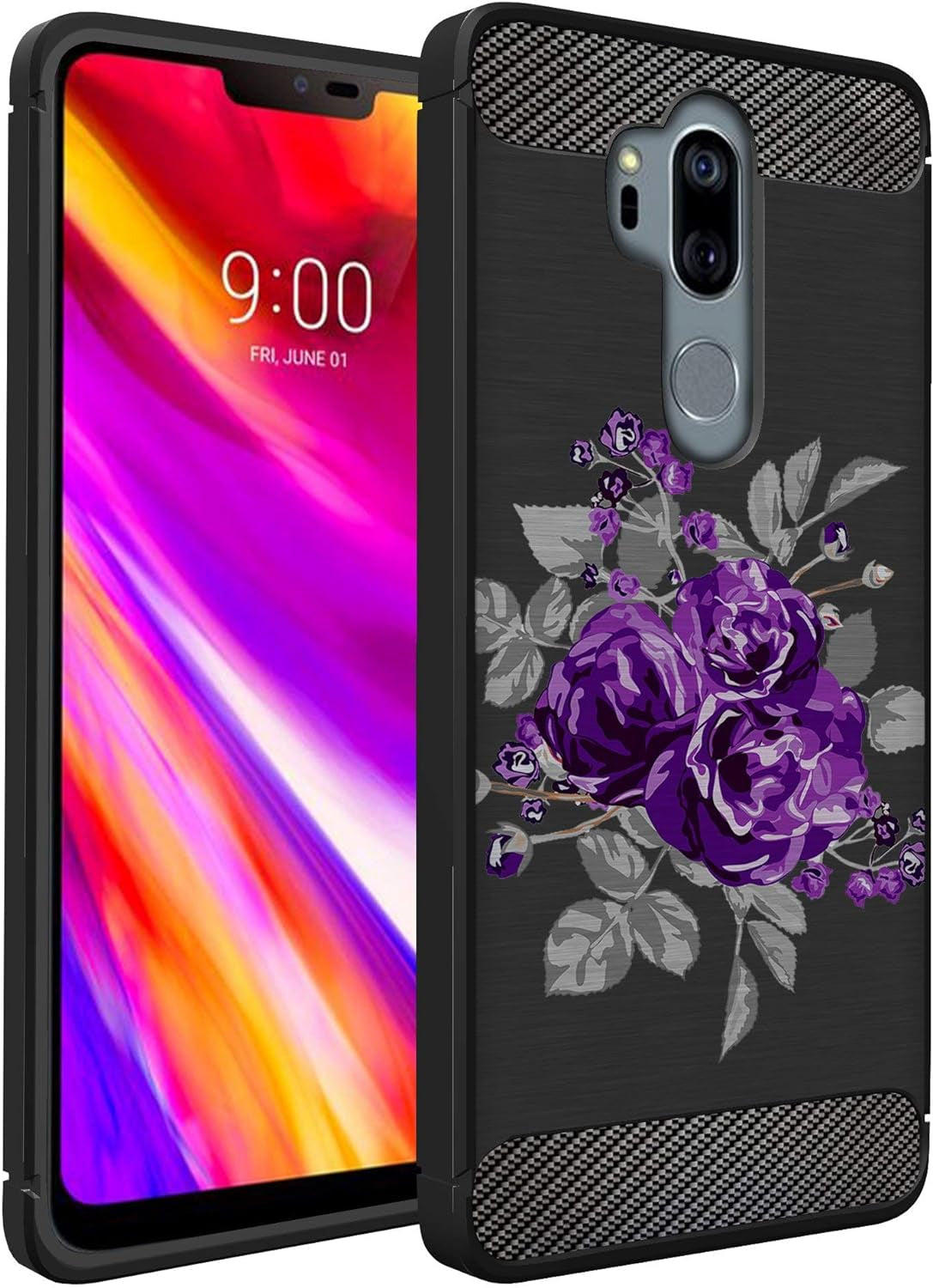 Casesondeck Case Compatible with [LG G7 / LG G7 Thinq] Tribal Floral Matte TPU Flexible Carbon Fiber Textured (Horse Tribal)  CasesonDeck Purple Rose  