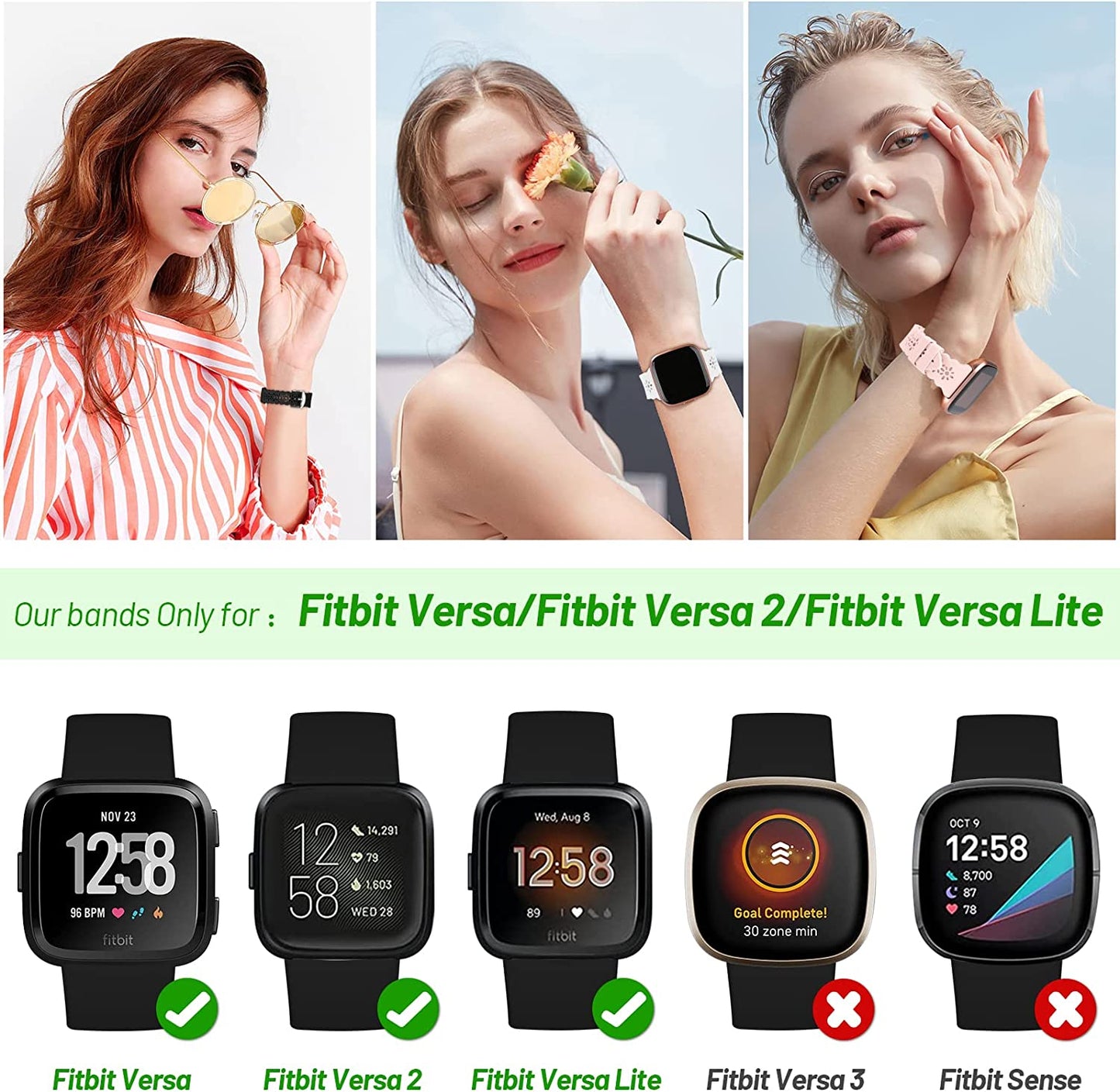 YAXIN 3 Pack Slim Sport Bands Compatible with Fitbit Versa/ Versa 2/ Versa Lite Band for Women,Soft Silicone Lace Replacement Wristbands for Smart Watch,Black/White/Pink Sand  YAXIN   