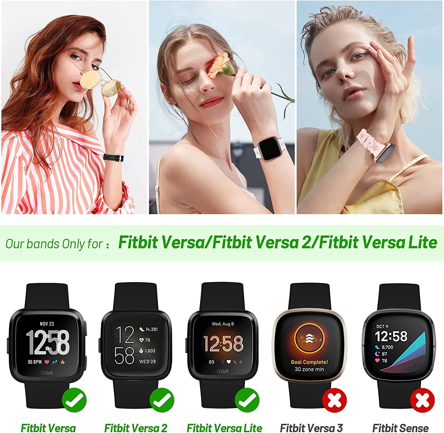 YAXIN 3 Pack Slim Sport Bands Compatible with Fitbit Versa/ Versa 2/ Versa Lite Band for Women,Soft Silicone Lace Replacement Wristbands for Smart Watch,Black/White/Pink Sand  YAXIN   