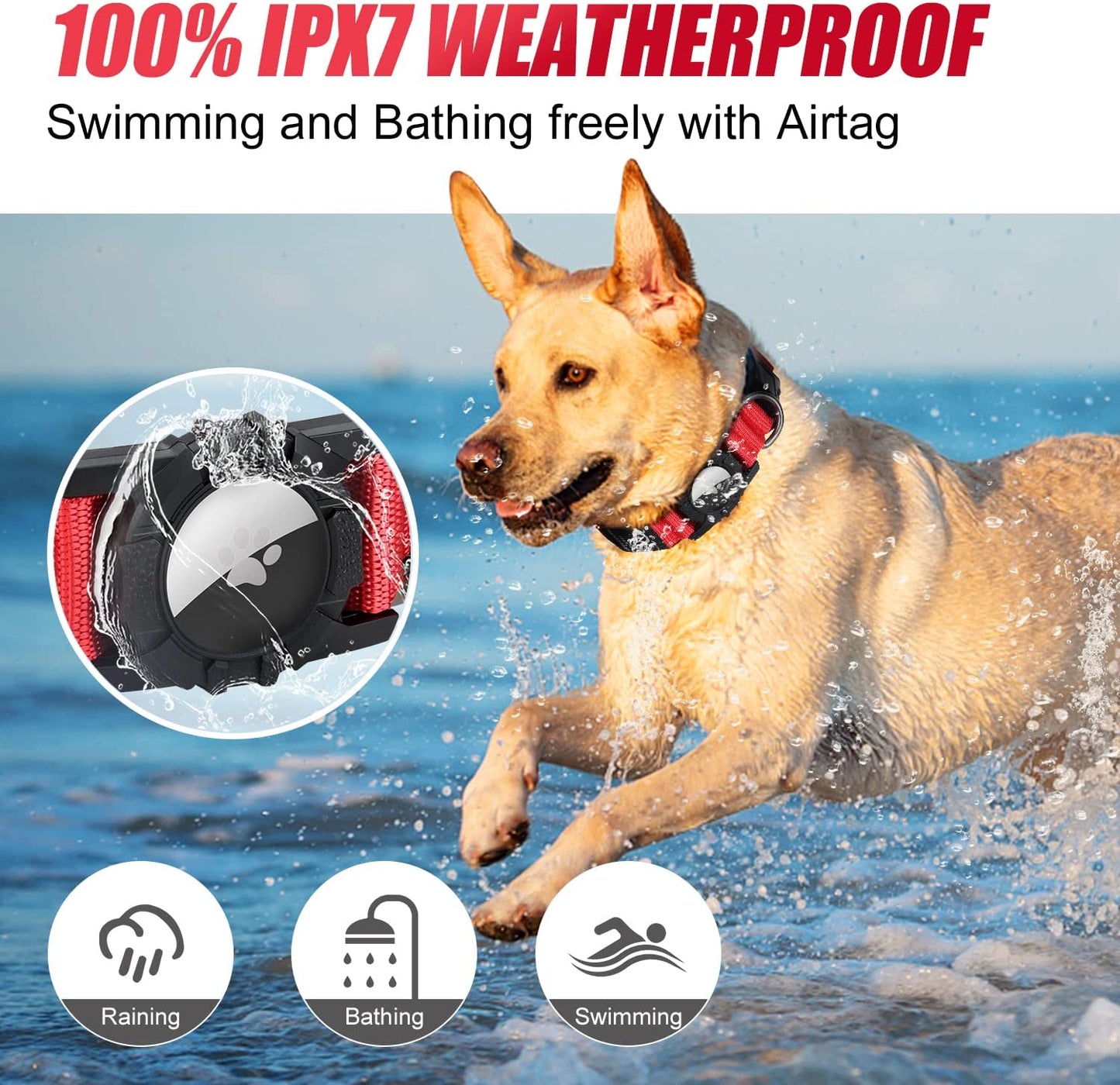 Joytale LED Airtag Dog Collar[100% IPX7 Waterproof], Light up Night Safety Pet Collars for Air Tag, USB C Rechargeable Lighted Glow Nylon Collar with Airtag Holder Case for Large Dogs, Red  Joytale   