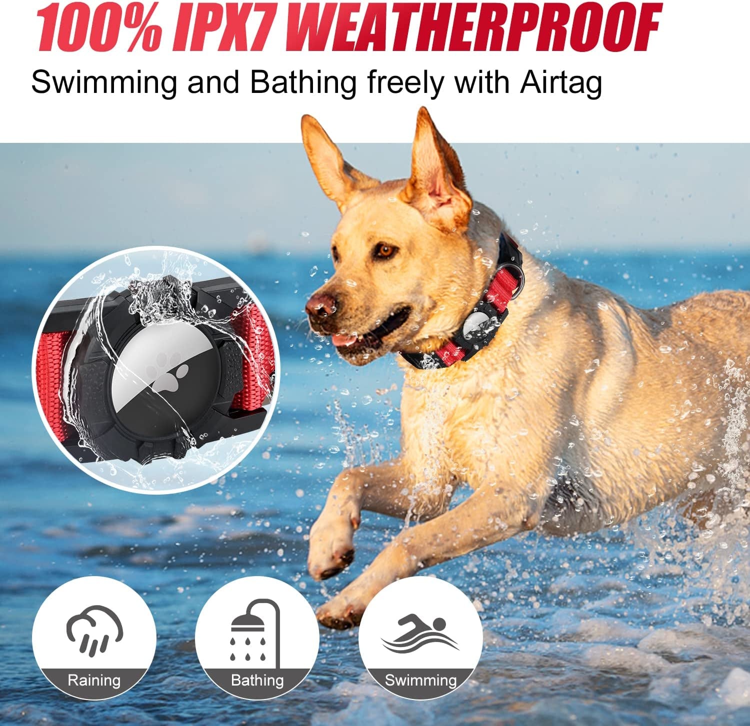 Joytale LED Airtag Dog Collar[100% IPX7 Waterproof], Light up Night Safety Pet Collars for Air Tag, USB C Rechargeable Lighted Glow Nylon Collar with Airtag Holder Case for Large Dogs, Red  Joytale   