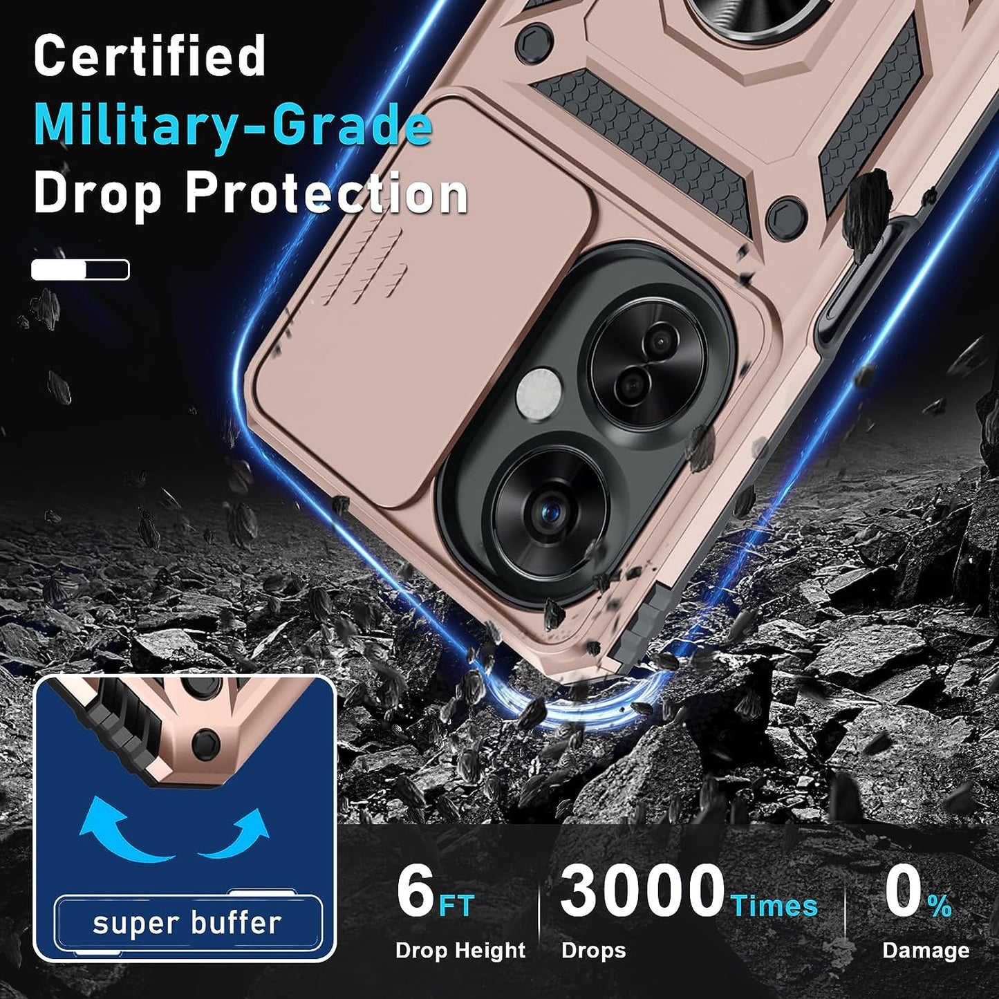 Janmitta Oneplus Nord N30 5G Case Built in Slide Camera Lens Cover+Screen Protector+Finger Ring Holder Kickstand,Heavy Duty Shockproof Full Body Protective Phone Cover,2023 Rose Gold  Janmitta   