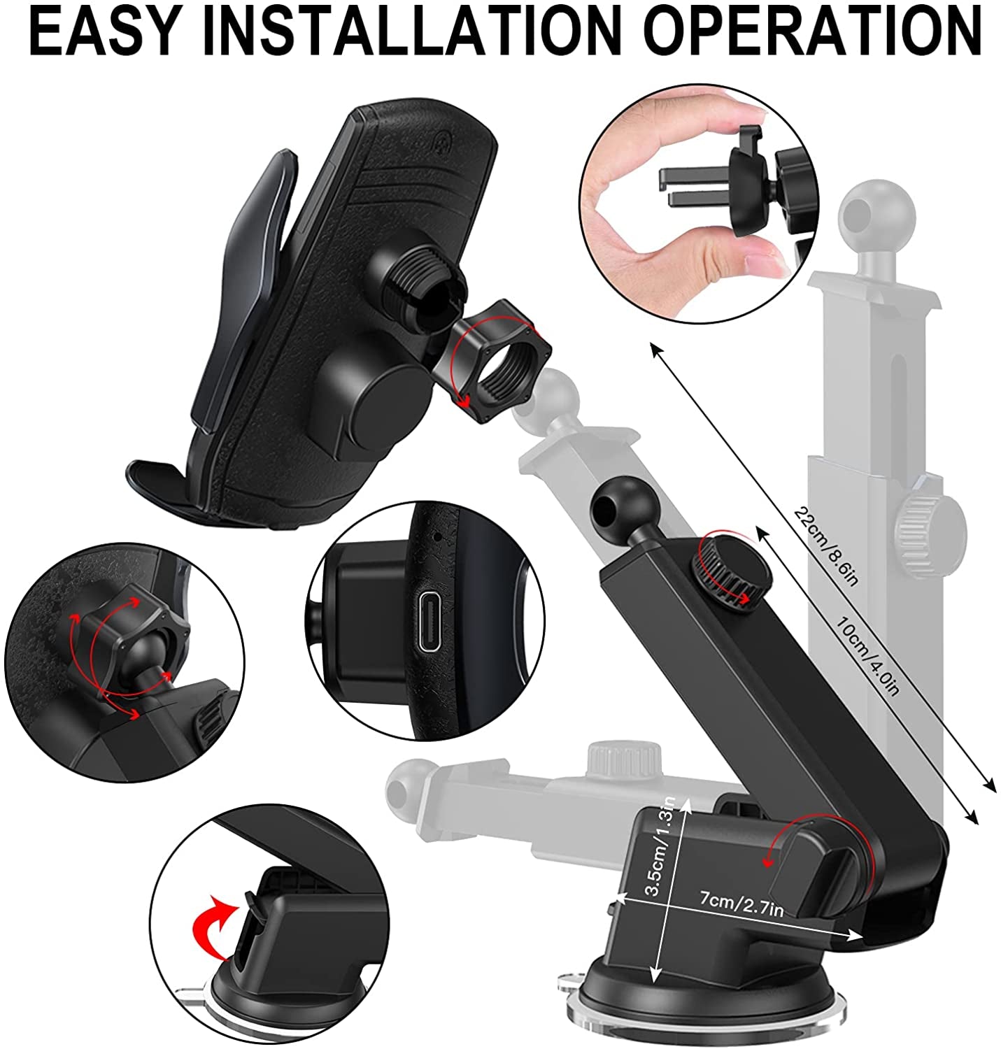 Wireless Car Charger Mount, 15W Qi Fast Charging Auto-Clamping Cell Phone Car Holder Air Vent Windshield Dashboard Long Arm Suction Cup Car Phone Mount for Iphone13 /12/11 Samsung S20/S10/S9/S8 LG  HonShoop   