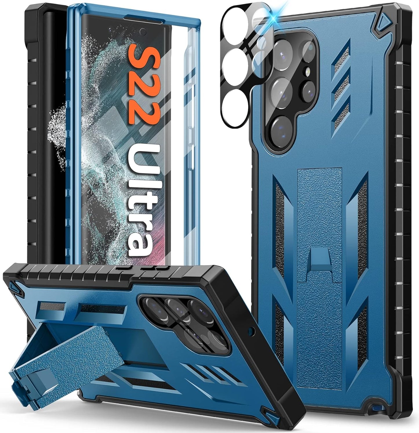 FNTCASE for Samsung Galaxy S22 Ultra Case: Built-In Screen Protector & Kickstand Full-Body Dual Layer Rugged Military Grade Shockproof Protection Heavy Duty Protective Phone Cover 5G-Black  FNTCASE Blue  