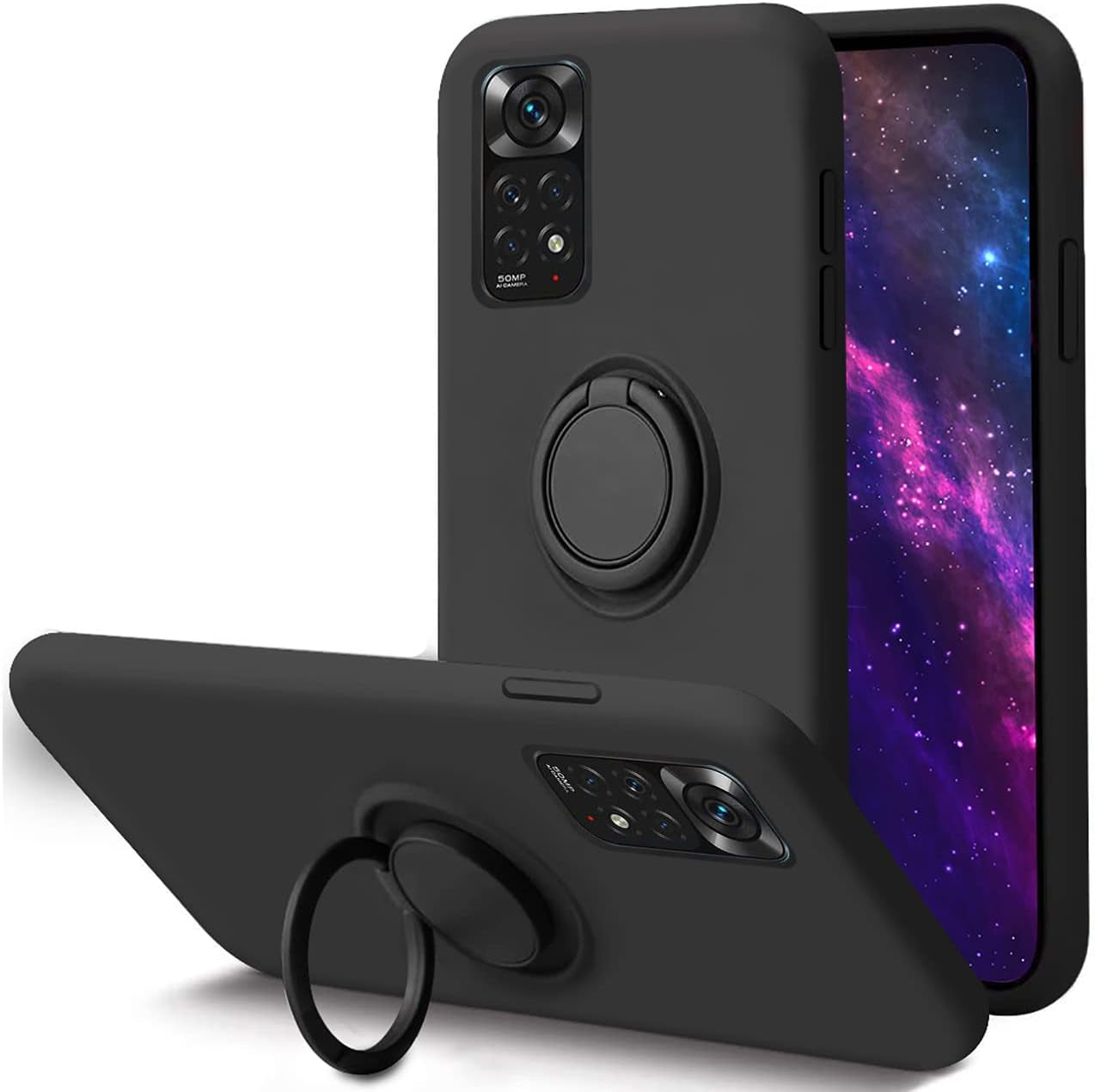 Case for Xiaomi Poco M4 Pro 5G Silicone Liquid,Soft Gel Microfiber Lining Cushion Bumper for Xiaomi Poco M4 Pro 5G with Ring Holder Kickstand Support Magnetic Case Black  Leton   