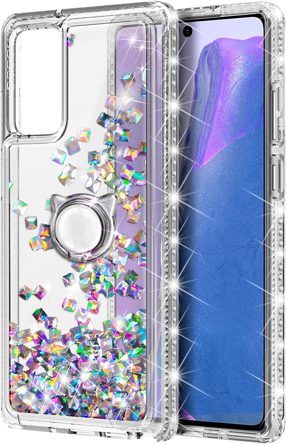 NGB Supremacy Compatible with Samsung Galaxy Note 20/Note 20 5G Case with Tempered Glass Screen Protector, Ring Holder/Wrist Strap, Glitter Liquid Bling Sparkle Floating Girls Cute Case (Gem)  NGB Supremacy   