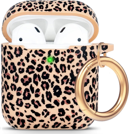 Cheetah Silicone Airpods Case, Gawnock Soft Earpod Case Cover Flexible for Airpods 2Nd/1St Generation Floral Print Cover for Women Girls with Keychain - Khaki Leopard  Gawnock   